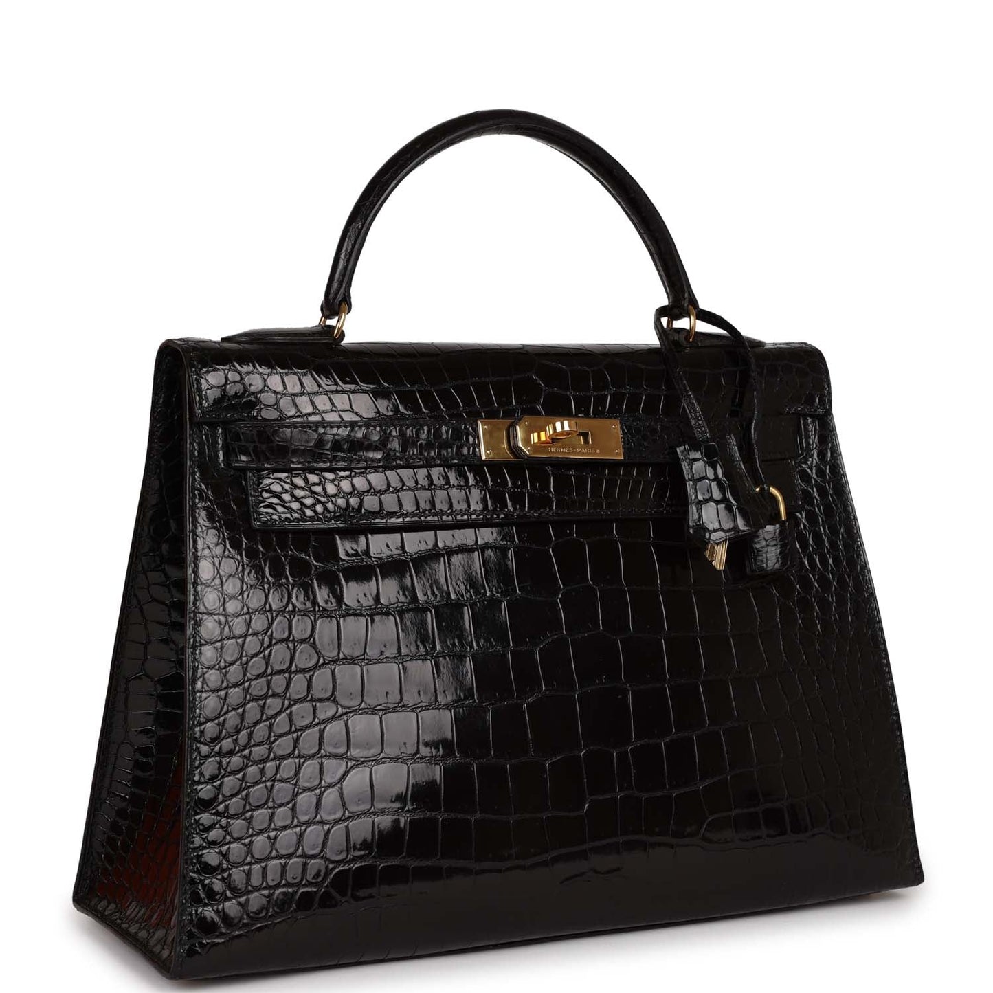 Hermes Kelly 32 Sellier Black Shiny Niloticus Crocodile Gold Hardware