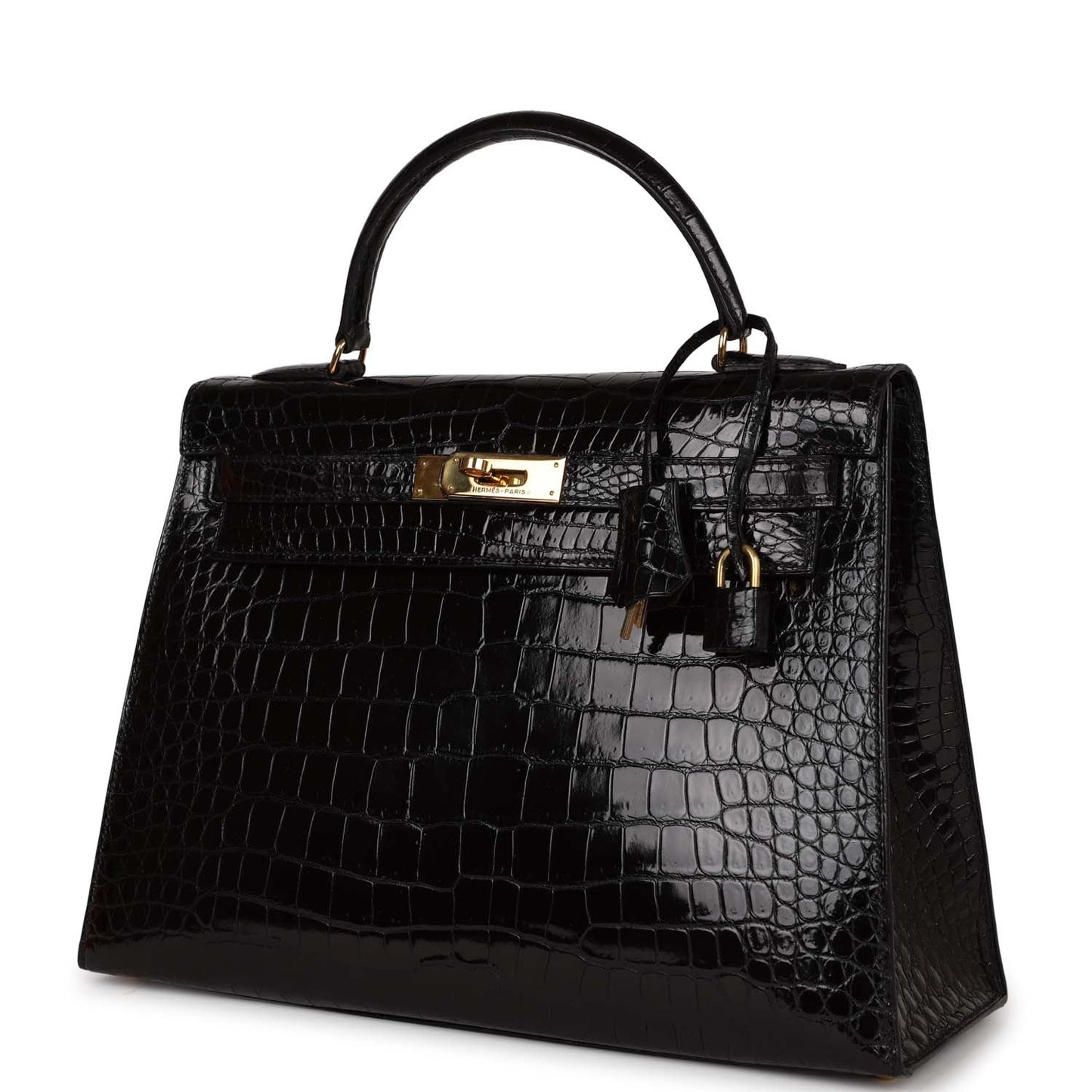 Hermes Kelly 32 Sellier Black Shiny Niloticus Crocodile Gold Hardware