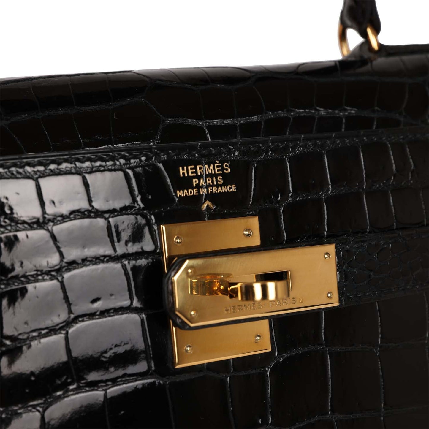 Hermes Kelly 32 Sellier Black Shiny Niloticus Crocodile Gold Hardware