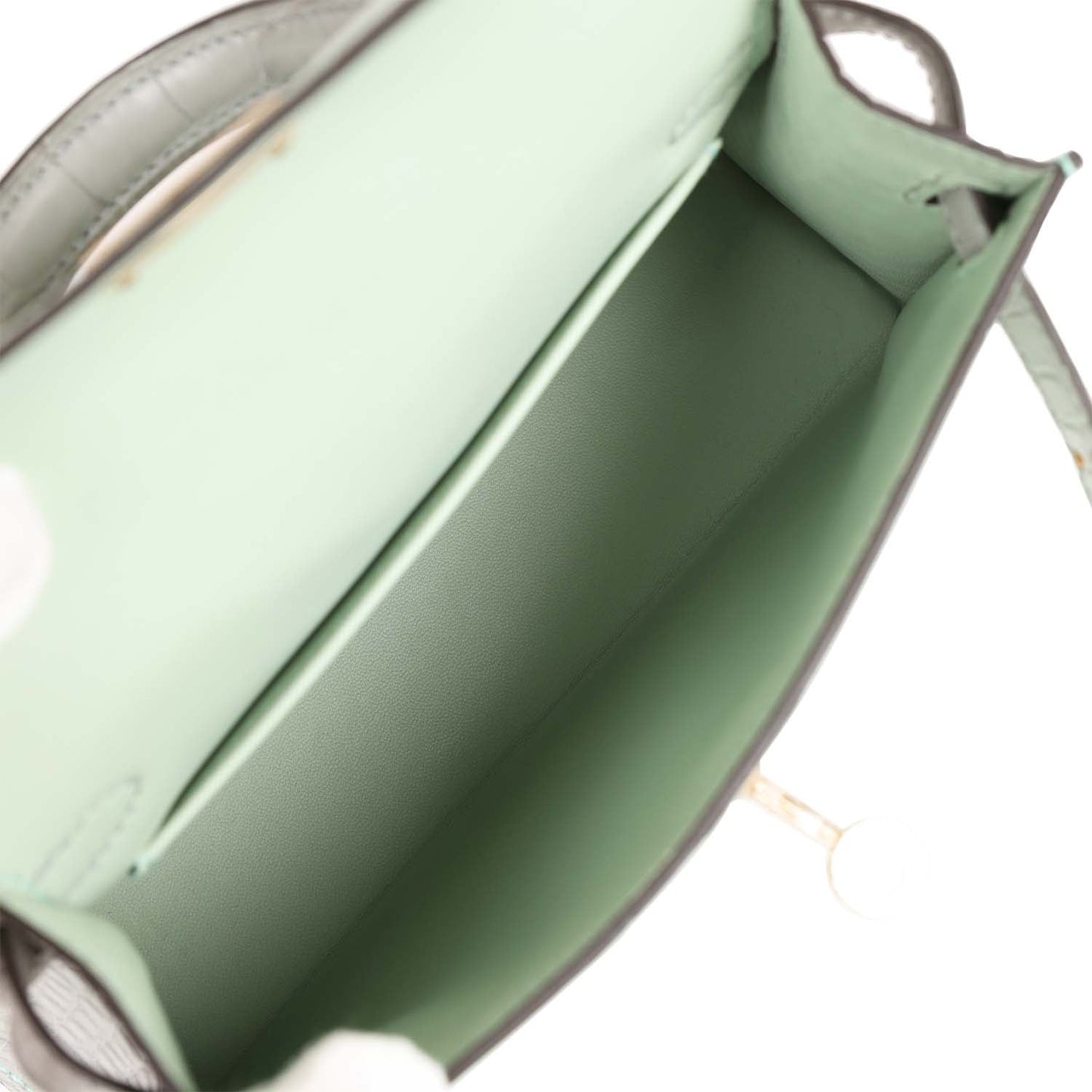 Hermes Special Order (HSS) Kelly 20 Sellier Vert D'Eau and Gris Perle Matte Alligator Permabrass Hardware