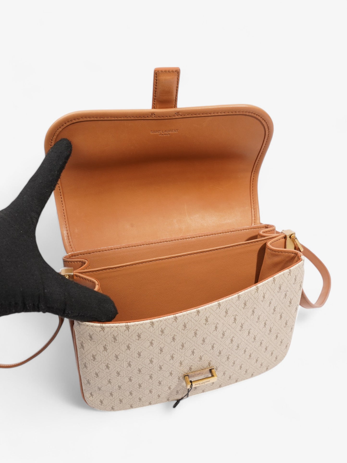 Saint Laurent Monogram Satchel Bag Beige / Brown Canvas