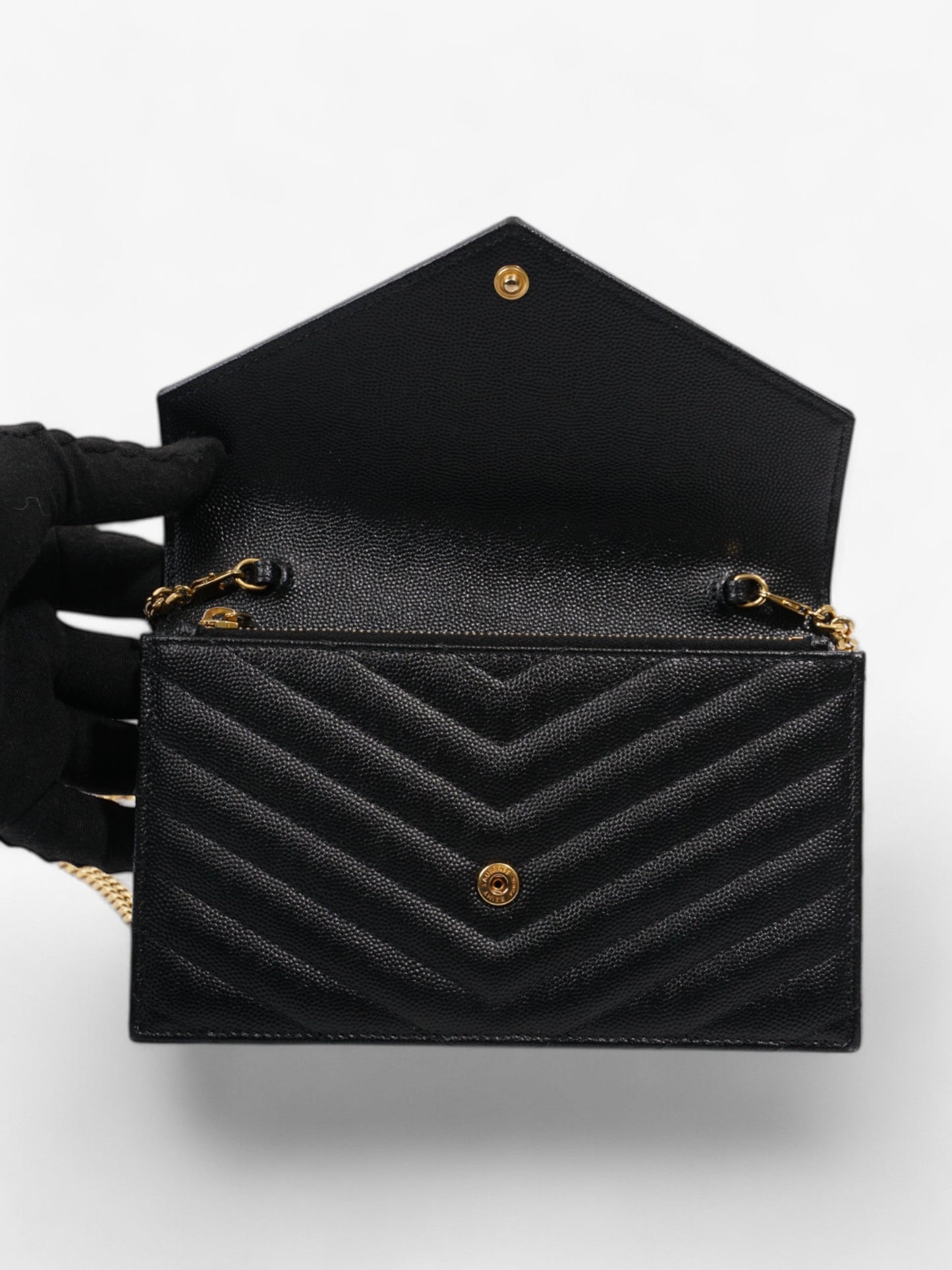 Saint Laurent Cassandre Chain Wallet Black Calfskin Leather