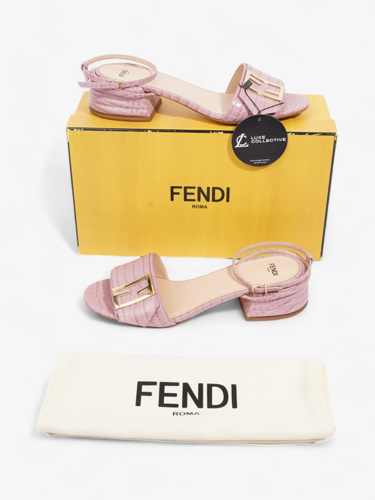 Fendi Promenade Ankle Strap Sandals 40mm Pink / Gold Embossed Leather EU 39 UK 6