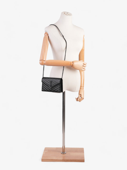 Saint Laurent Cassandre Envelope Chain Wallet Black Grained Leather