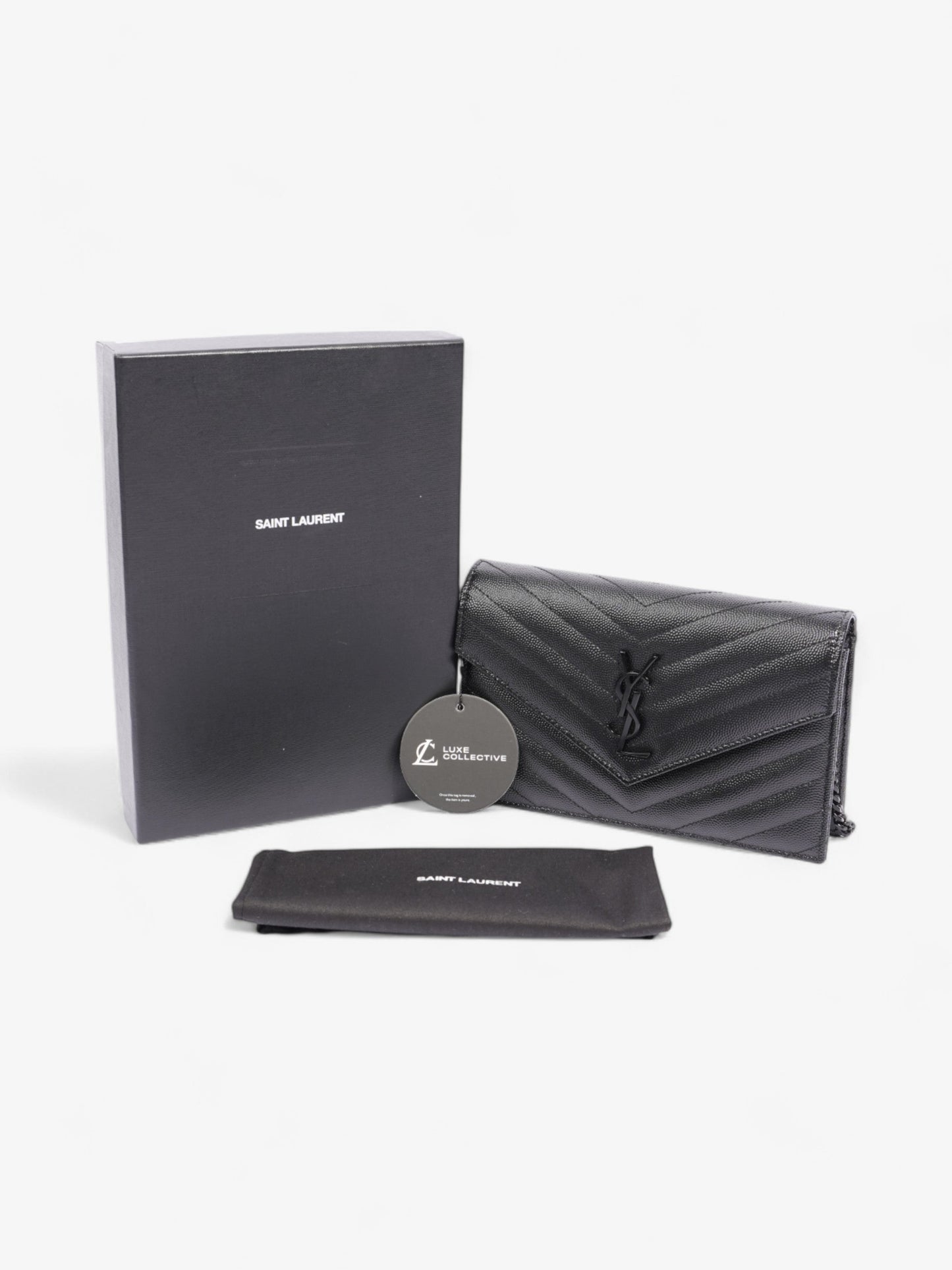 Saint Laurent Cassandre Envelope Chain Wallet Black Grained Leather