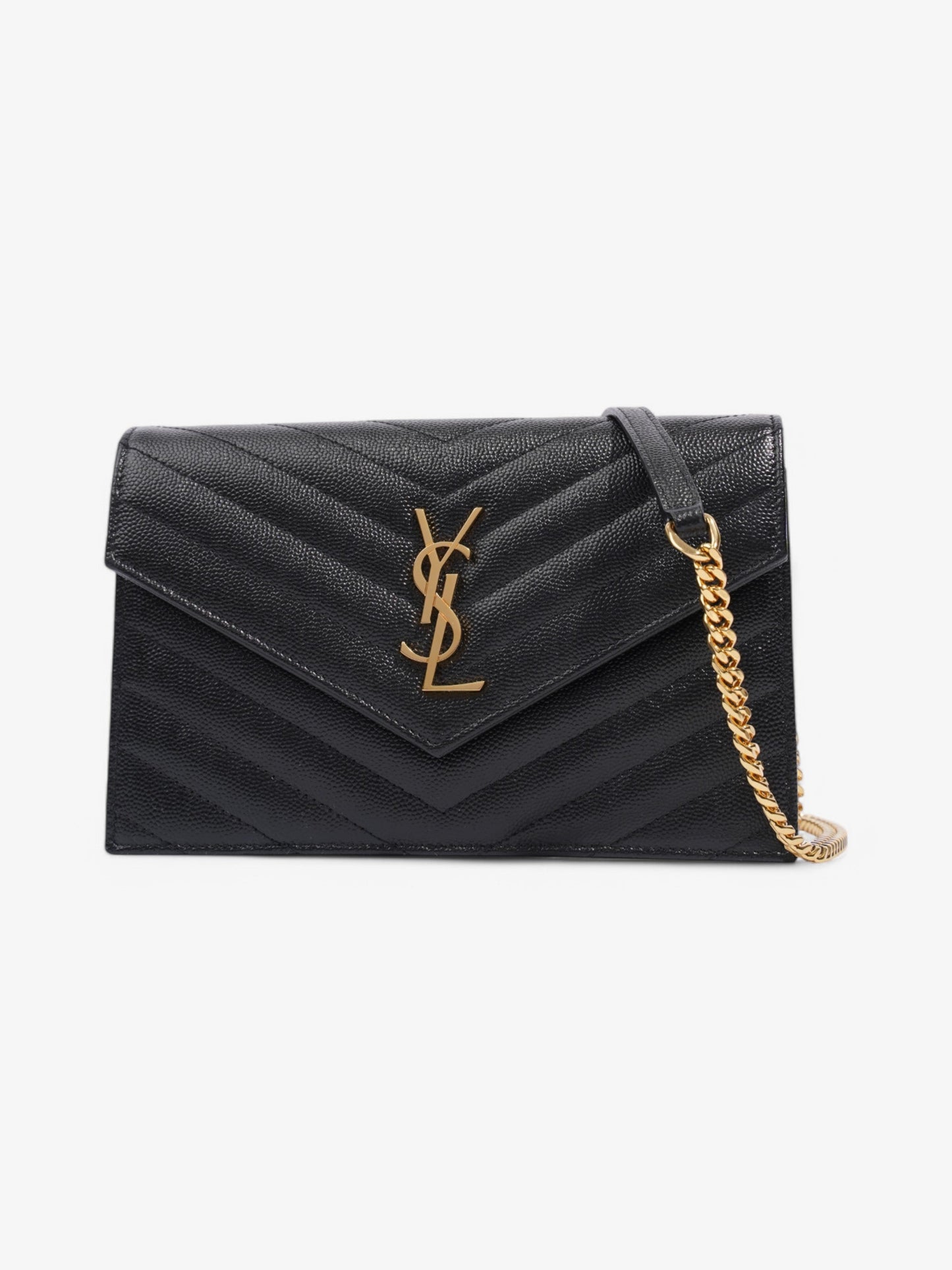 Saint Laurent Cassandre Envelope Chain Wallet Black Grained Leather