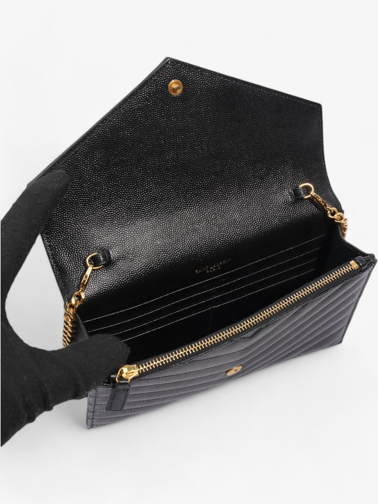 Saint Laurent Cassandre Envelope Chain Wallet Black Grained Leather