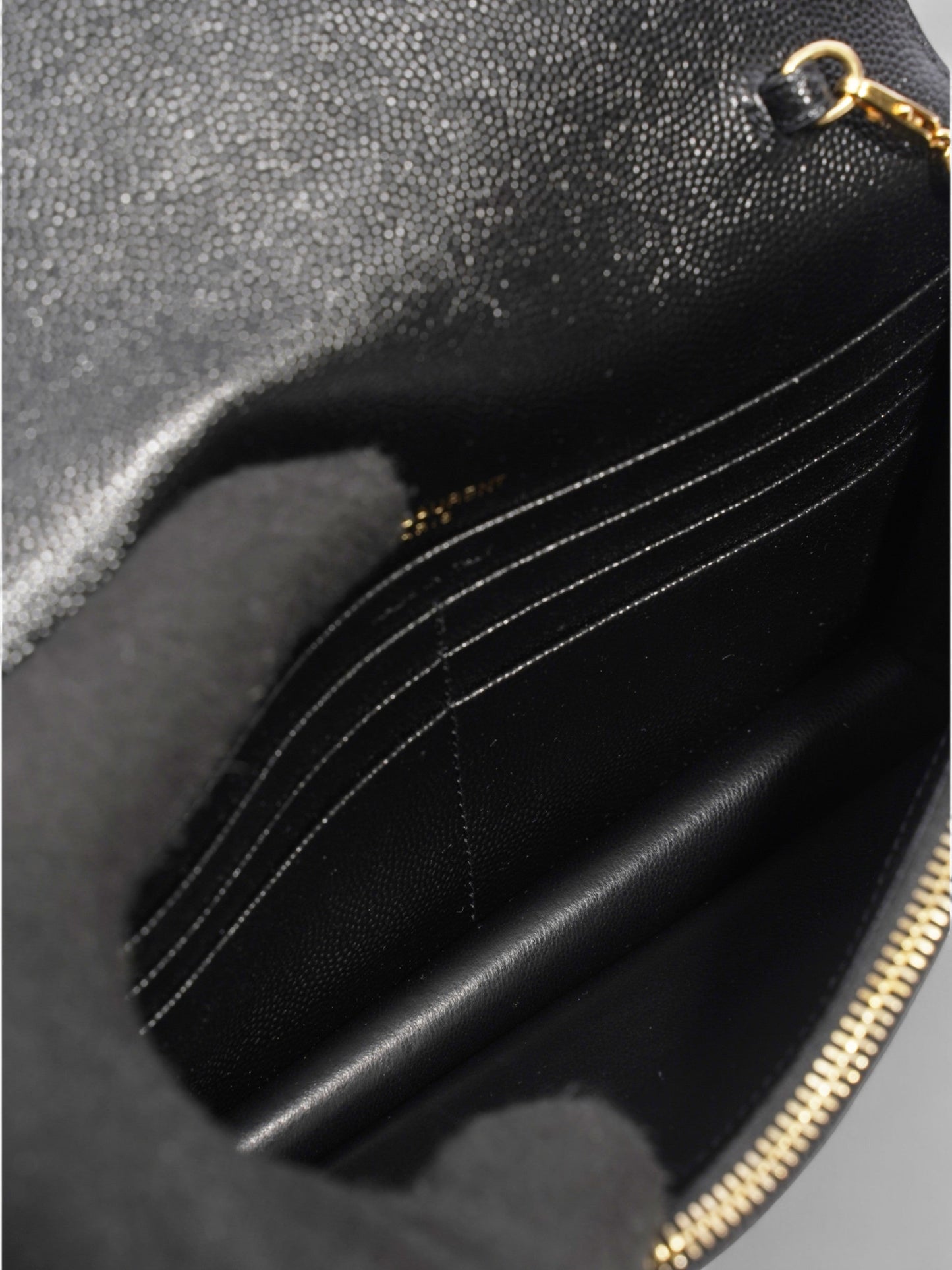 Saint Laurent Cassandre Envelope Chain Wallet Black Grained Leather