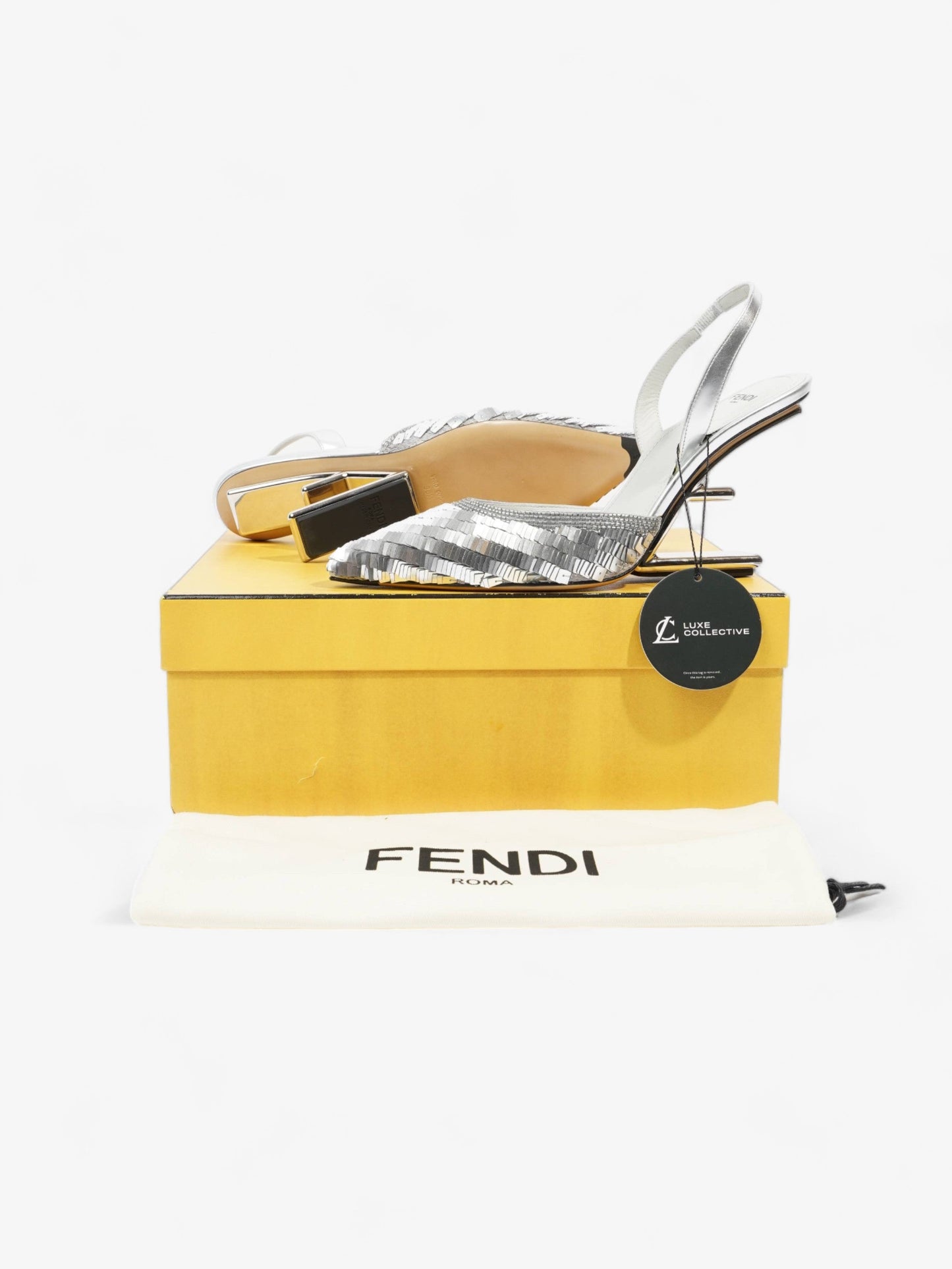 Fendi Slingback Heel 100 Silver Sequin EU 38.5 UK 5.5