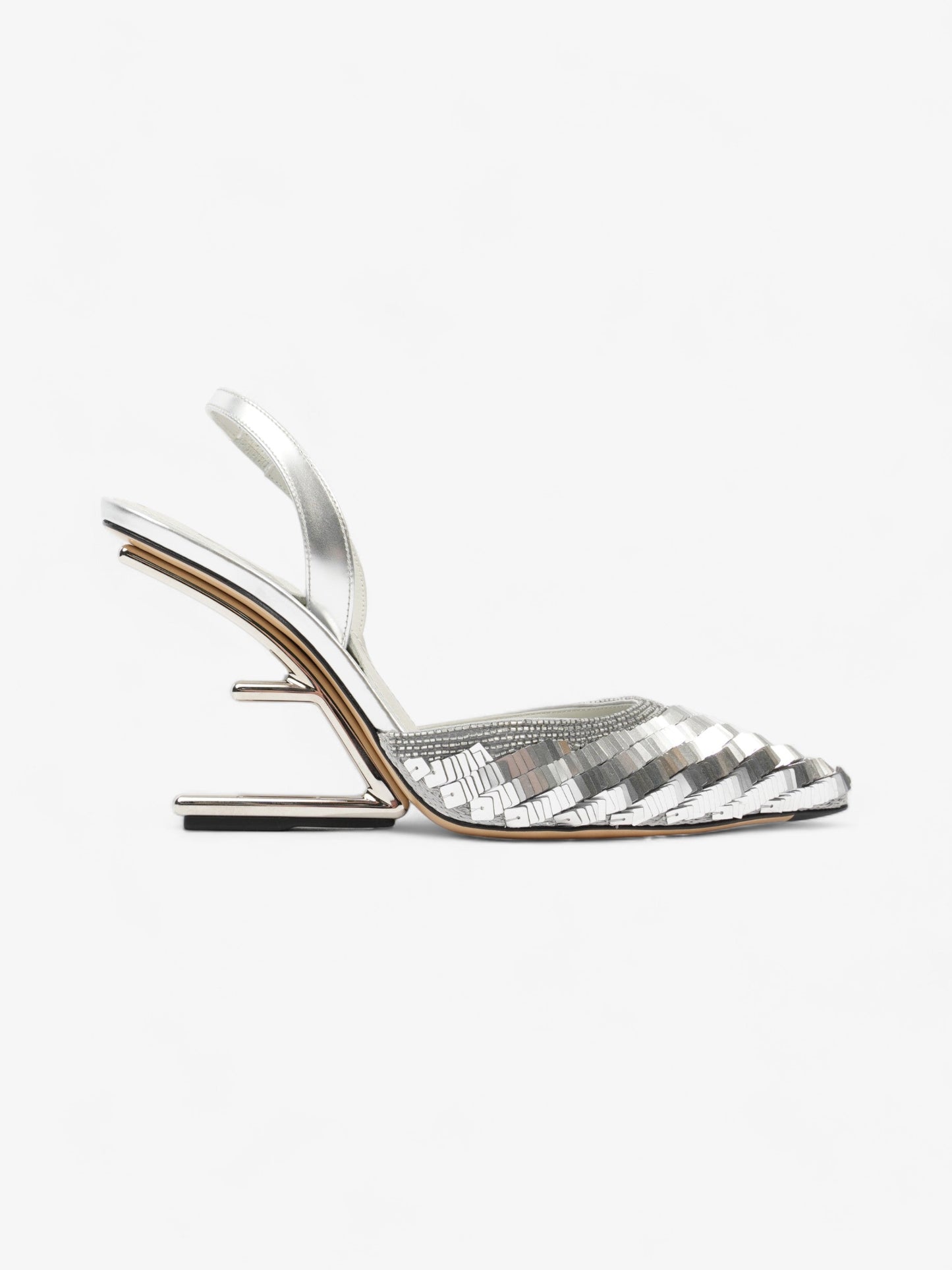 Fendi Slingback Heel 100 Silver Sequin EU 38.5 UK 5.5