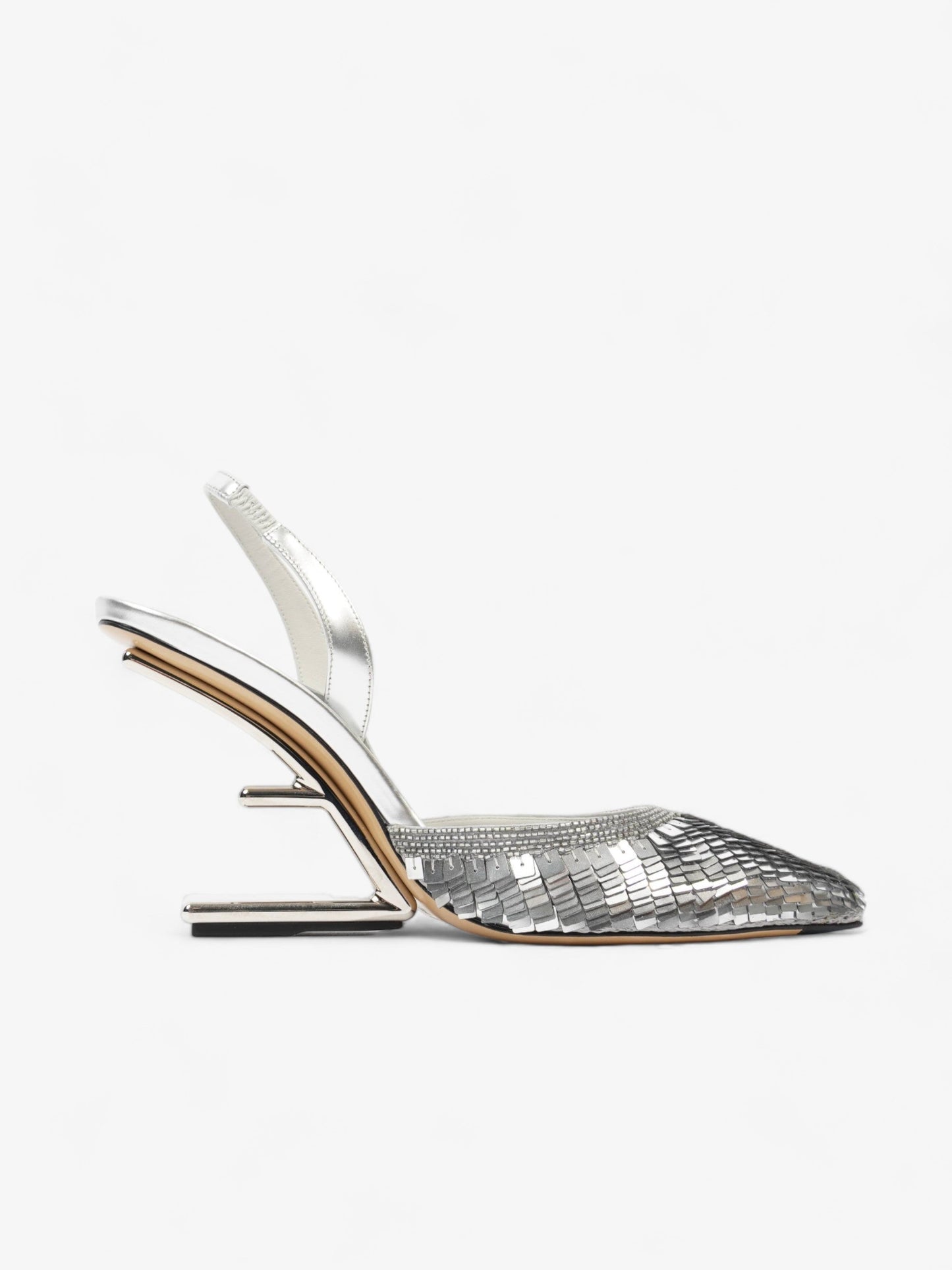 Fendi Slingback Heel 100 Silver Sequin EU 38.5 UK 5.5