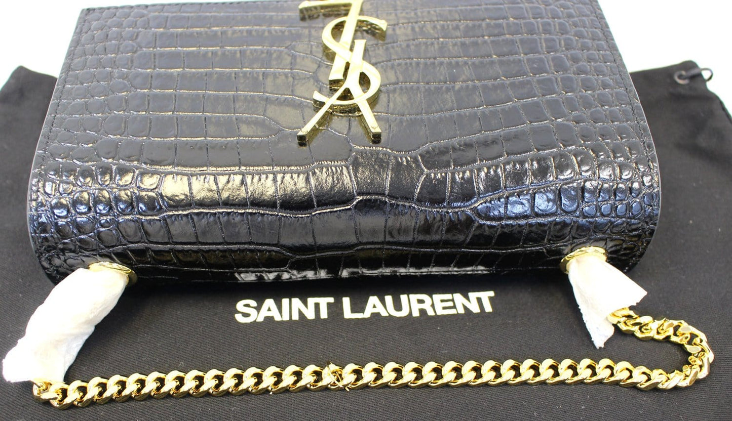 YVES SAINT LAURENT Crocodile Black Leather Chain Clutch Crossbody Bag