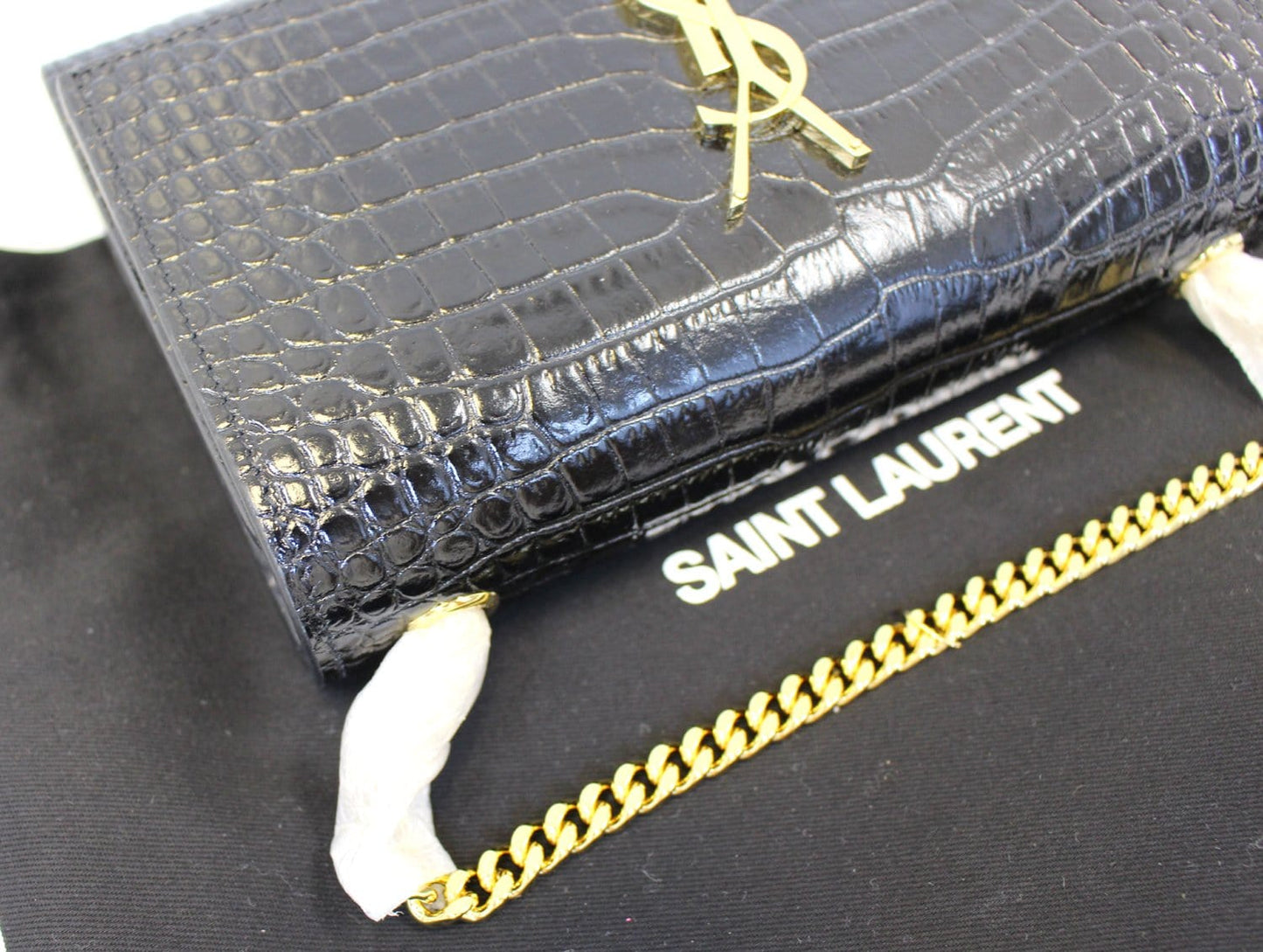 YVES SAINT LAURENT Crocodile Black Leather Chain Clutch Crossbody Bag