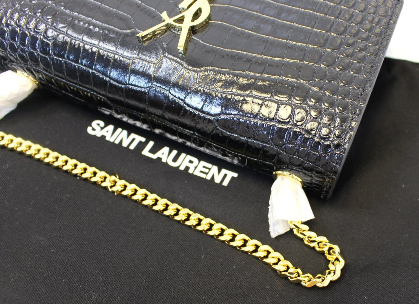 YVES SAINT LAURENT Crocodile Black Leather Chain Clutch Crossbody Bag