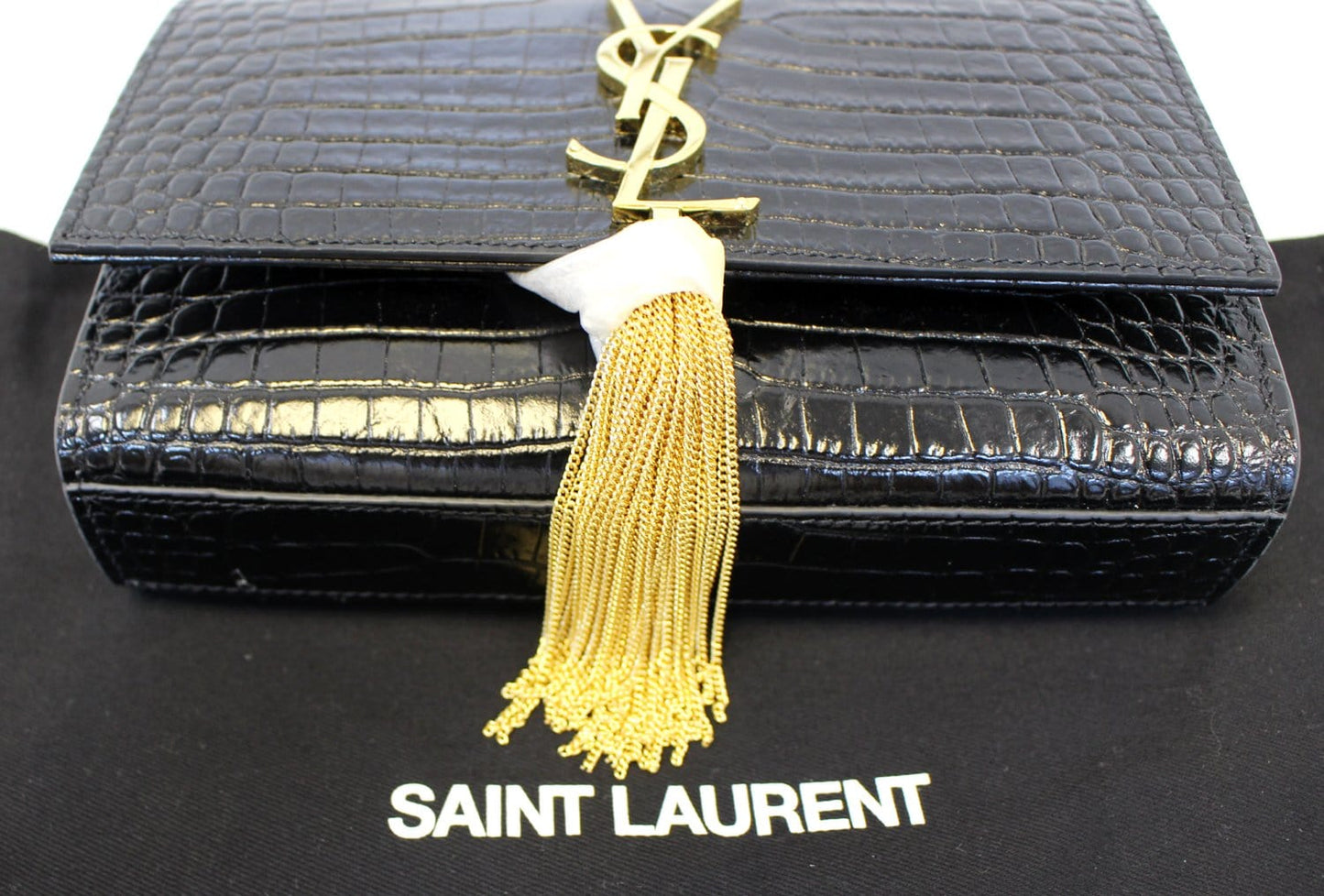 YVES SAINT LAURENT Crocodile Black Leather Chain Clutch Crossbody Bag