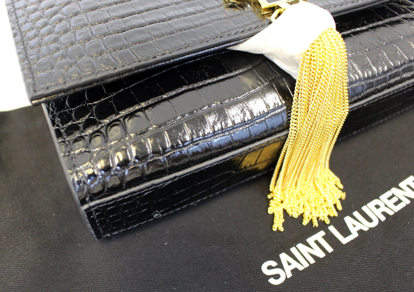 YVES SAINT LAURENT Crocodile Black Leather Chain Clutch Crossbody Bag