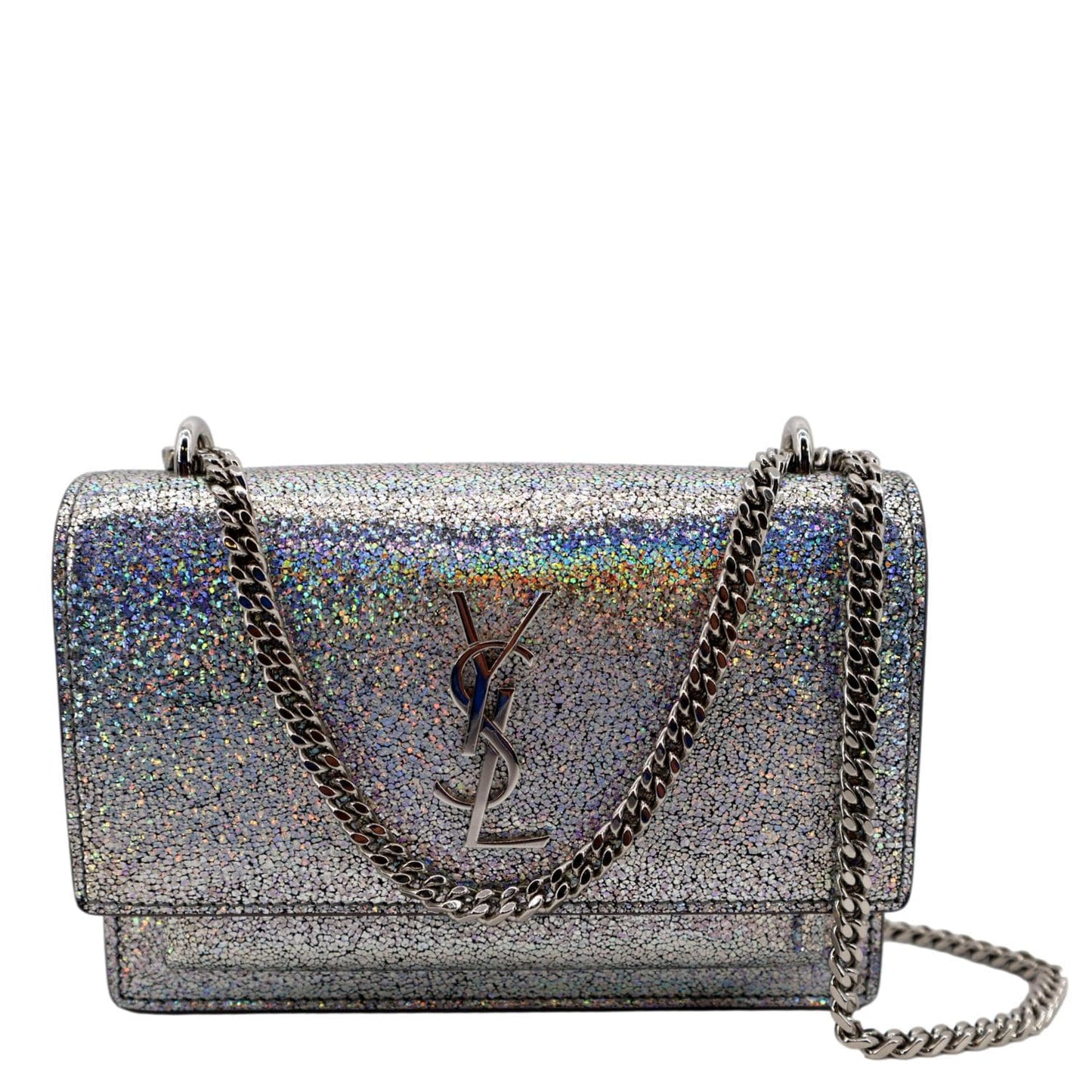 YVES SAINT LAURENT Sunset Crackled Metallic Leather Crossbody Bag Silver