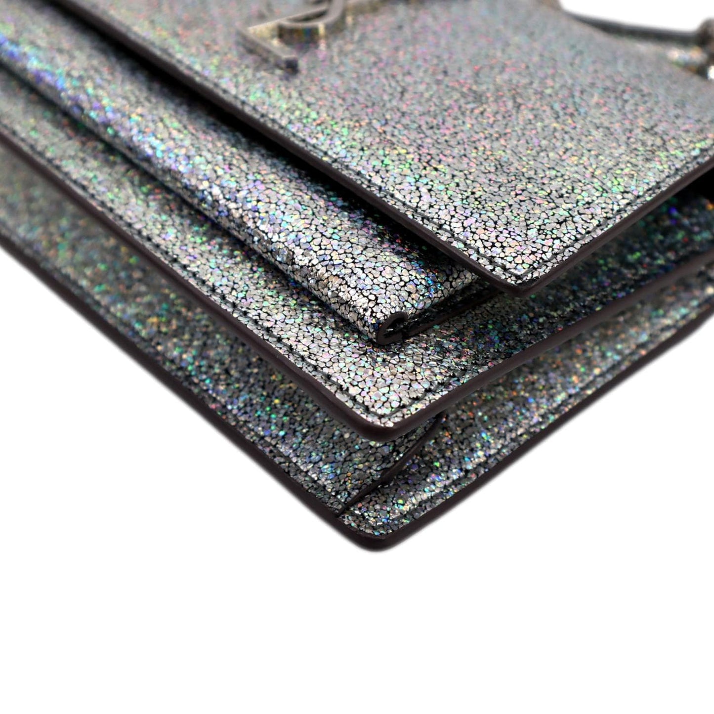 YVES SAINT LAURENT Sunset Crackled Metallic Leather Crossbody Bag Silver