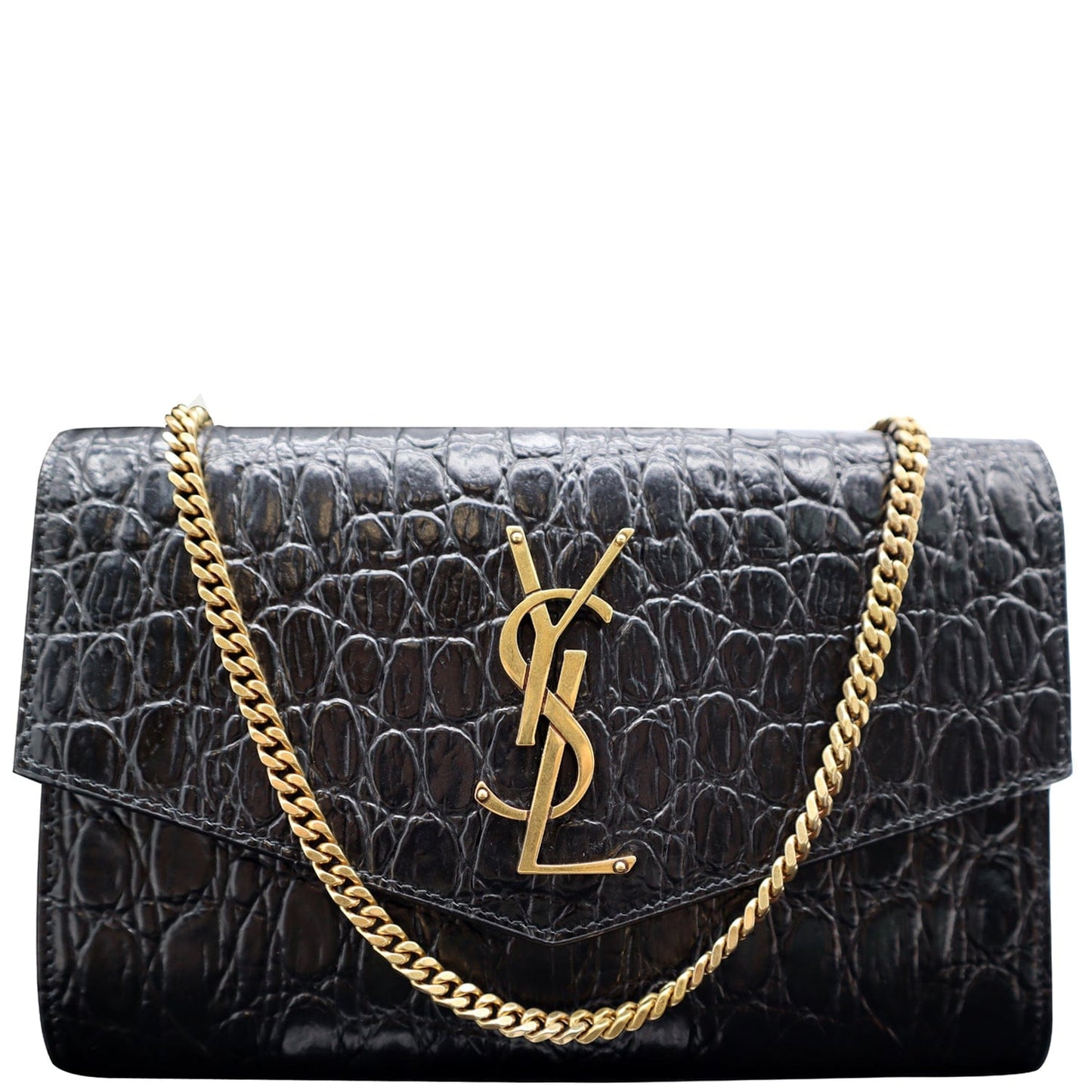YVES SAINT LAURENT Uptown Crocodile-Embossed Crossbody Chain Wallet Black