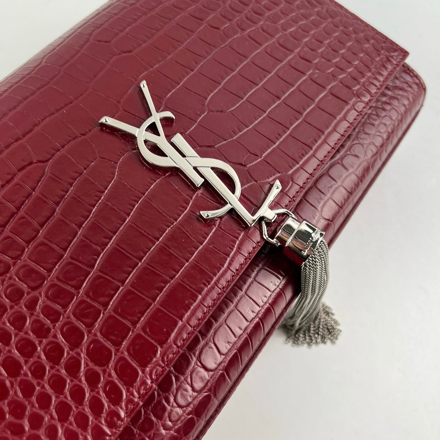 Saint Laurent Medium Kate Crocodile Embossed Burgundy