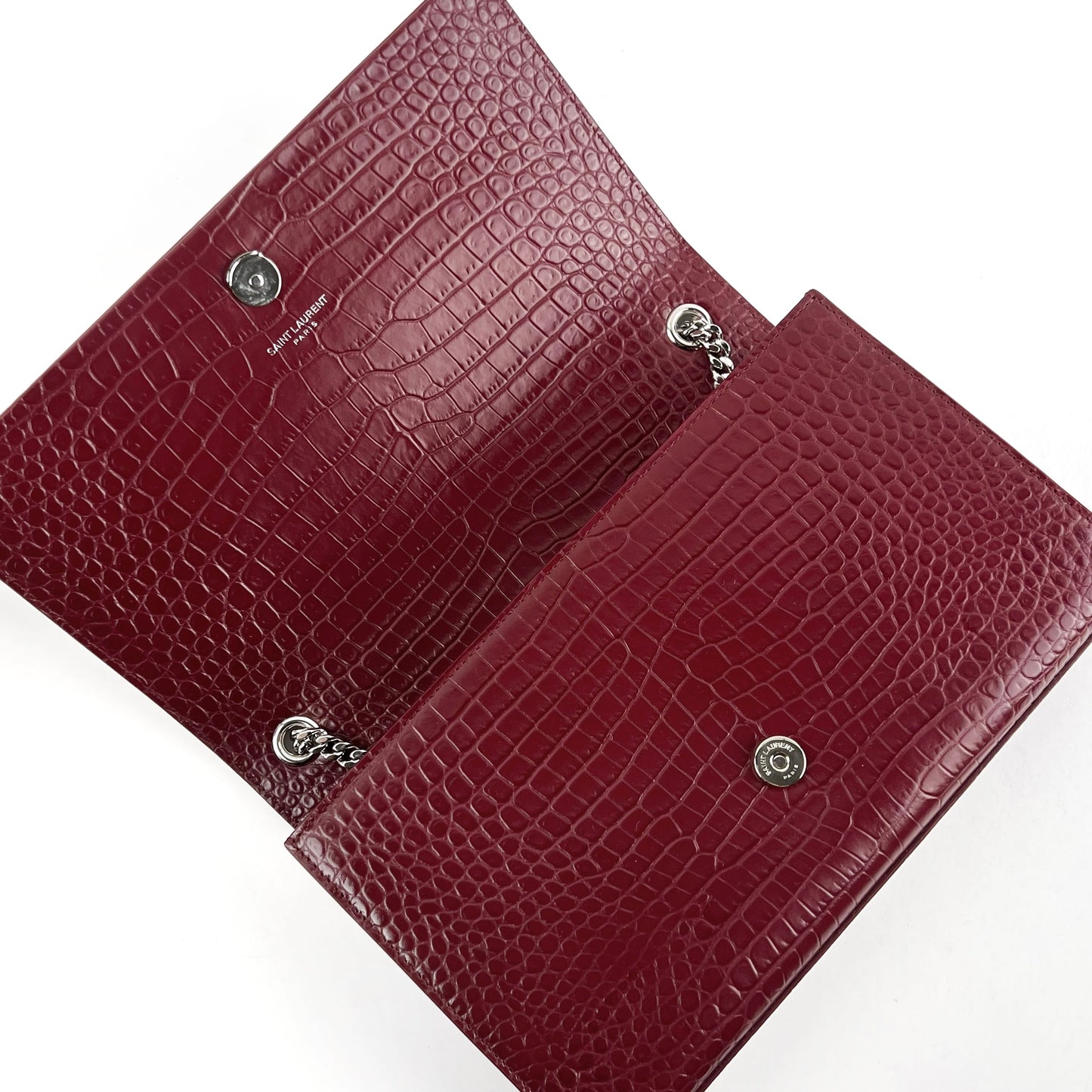Saint Laurent Medium Kate Crocodile Embossed Burgundy