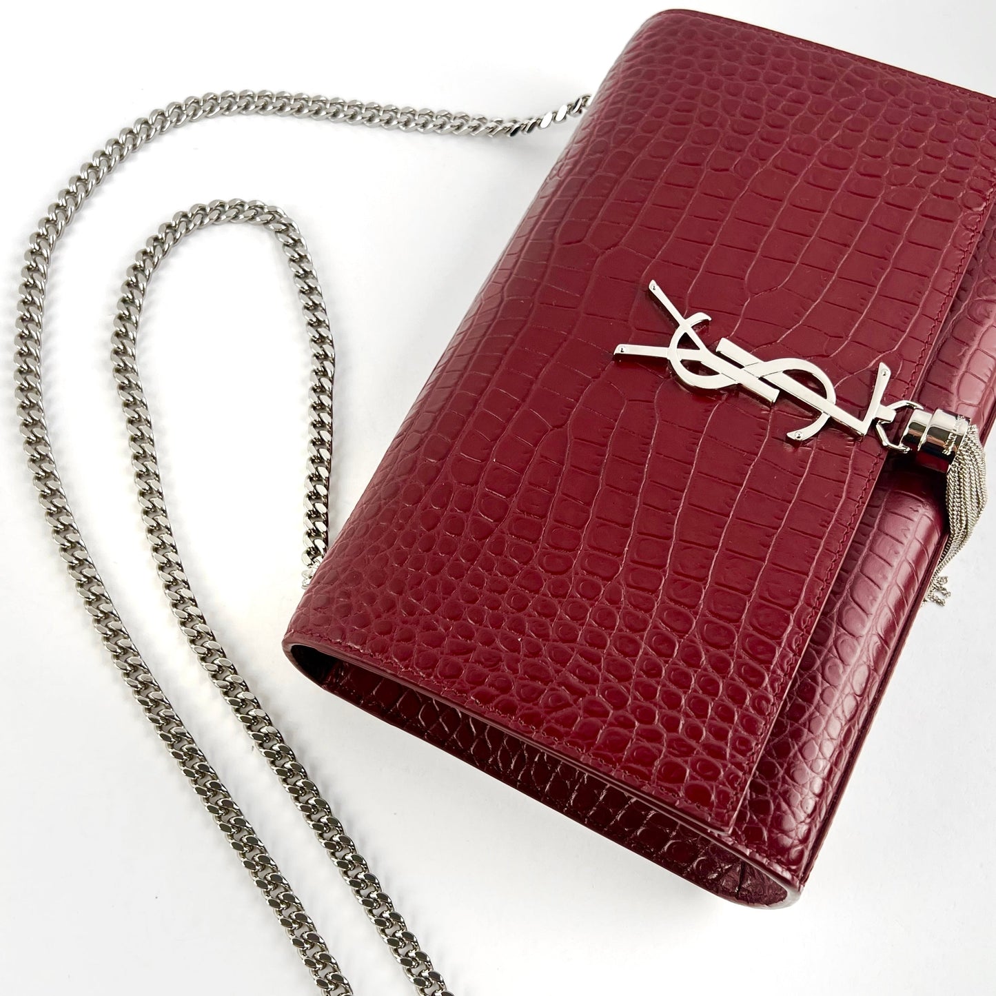 Saint Laurent Medium Kate Crocodile Embossed Burgundy