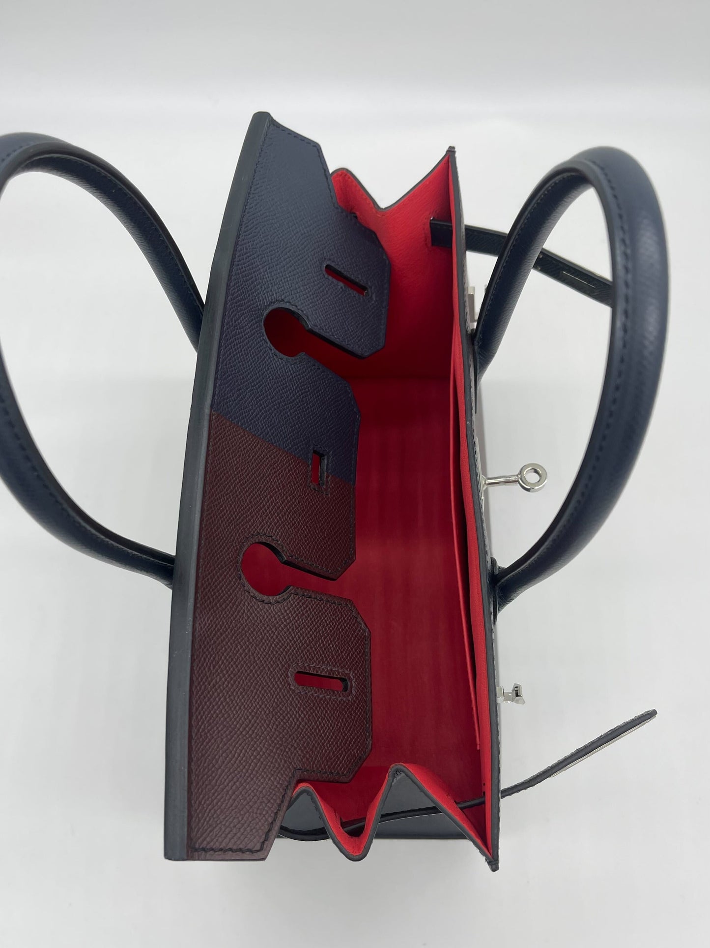 Hermes Birkin 30 Casaque Rouge Sellier / Bleu Indigo / Rose Texas Epsom