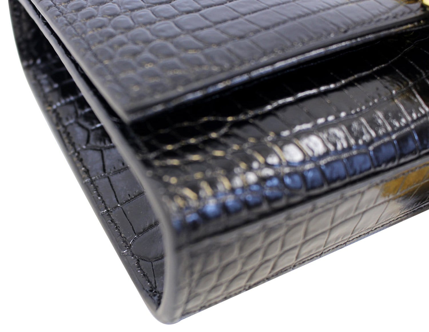 YVES SAINT LAURENT Crocodile Black Leather Gold Chain Clutch Crossbody Bag