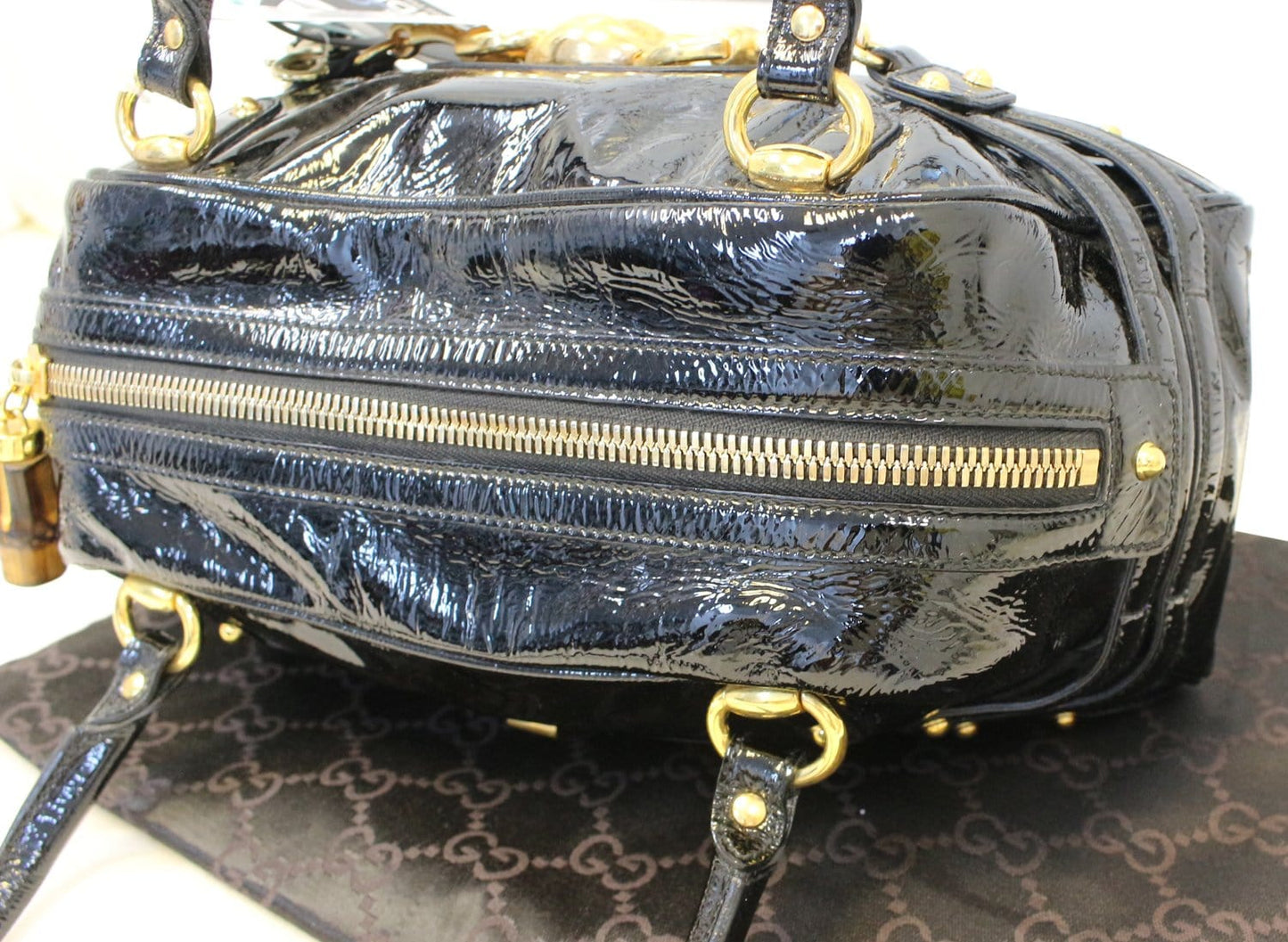 GUCCI Black Patent Leather Wave Boston Bag