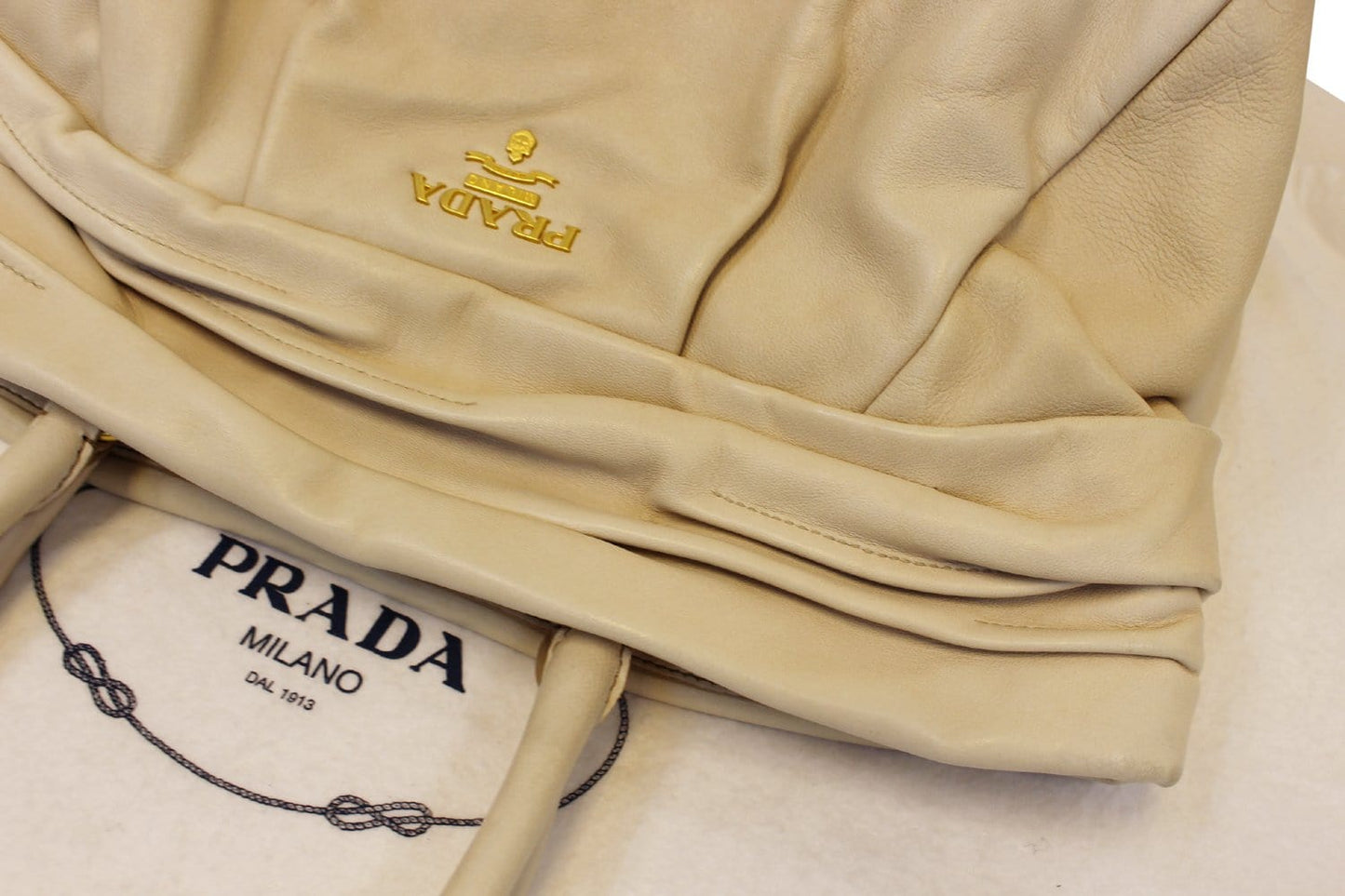 PRADA Nappa Frills Shopping Beige Leather Tote Bag