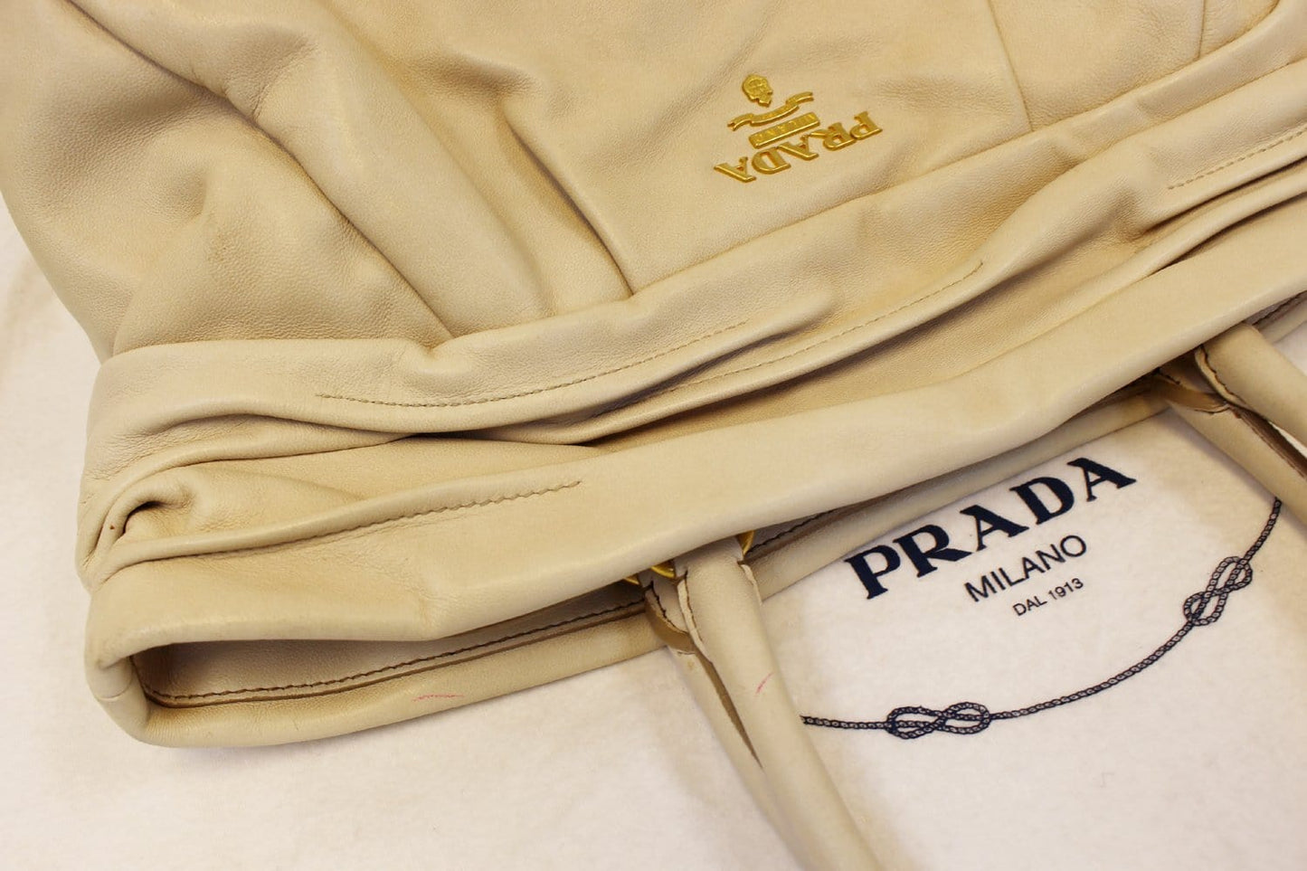 PRADA Nappa Frills Shopping Beige Leather Tote Bag