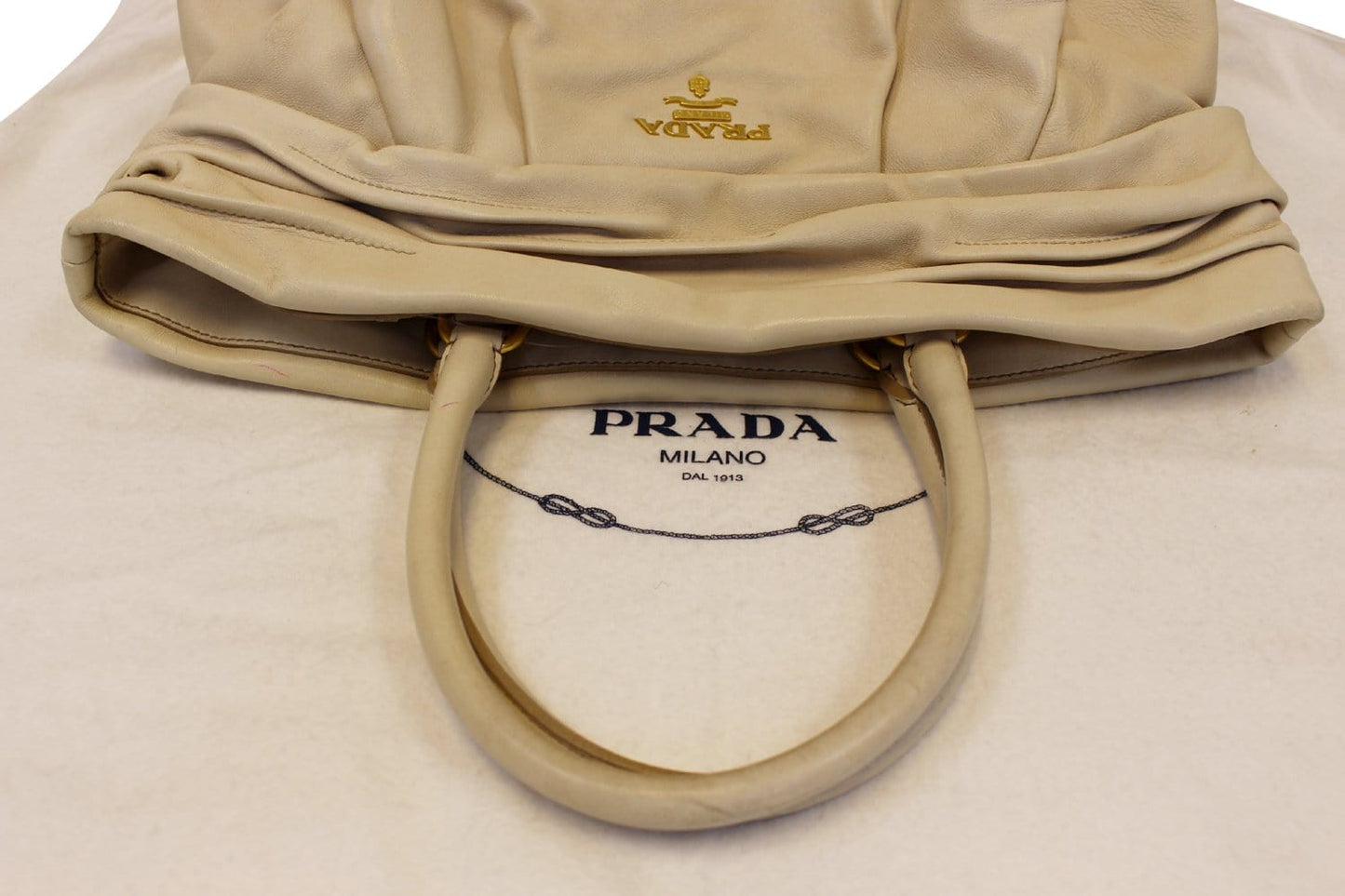 PRADA Nappa Frills Shopping Beige Leather Tote Bag