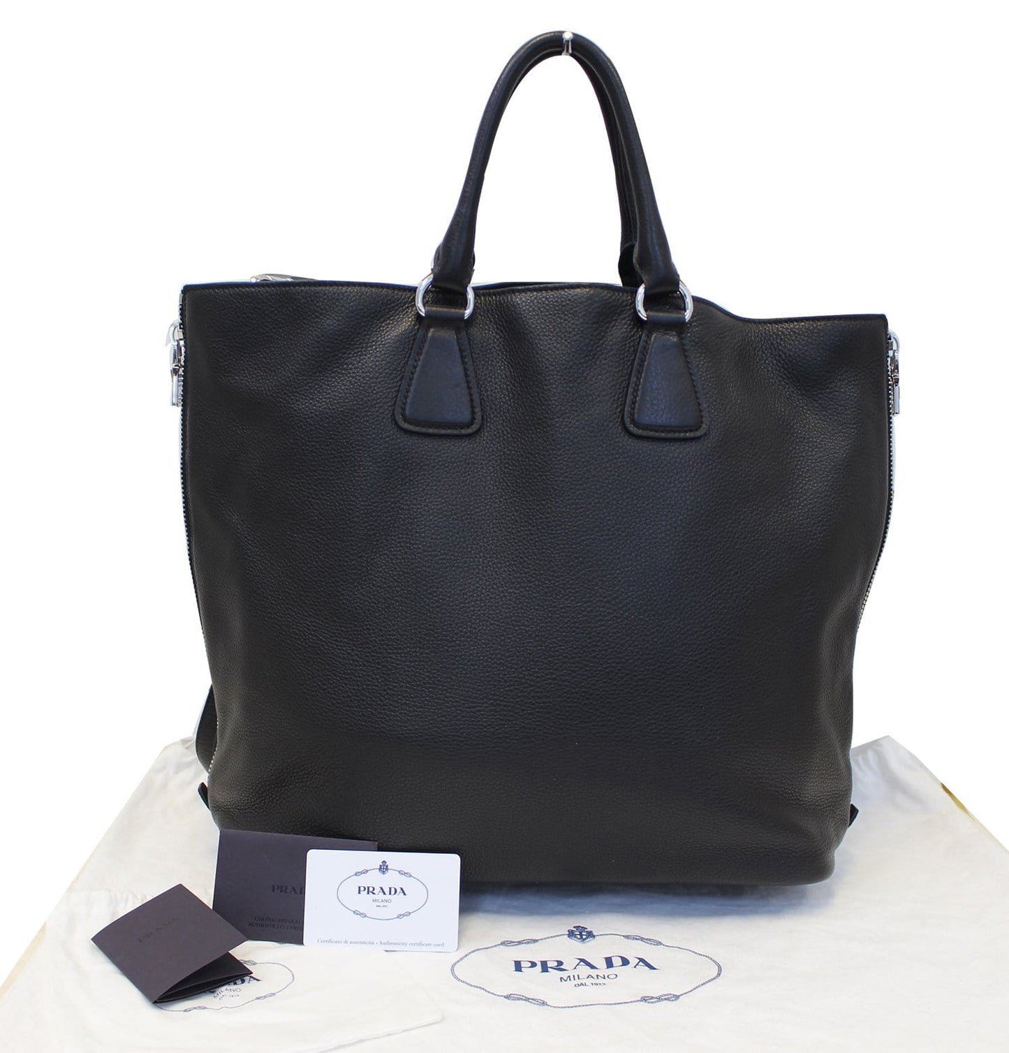 PRADA Black Leather Vitello Phenix Convertible Shopping Tote Bag