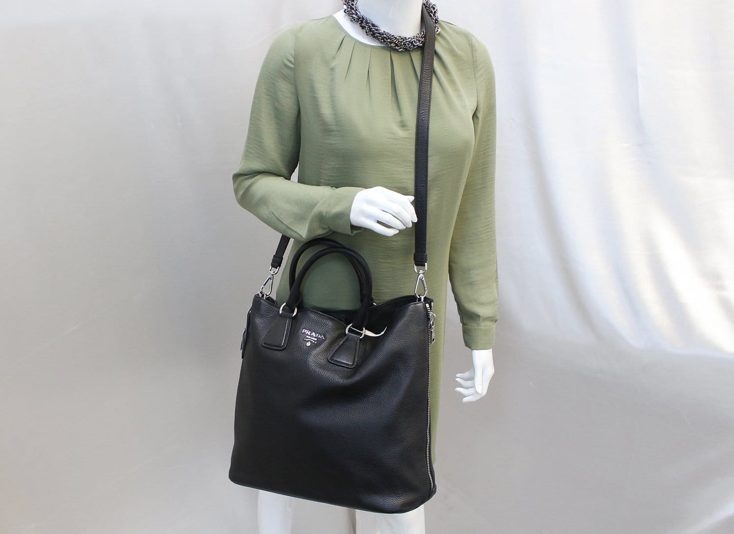 PRADA Black Leather Vitello Phenix Convertible Shopping Tote Bag