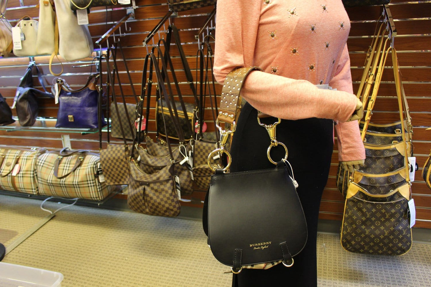 BURBERRY Haymarket Check and Alligator Leather Bridle Bag