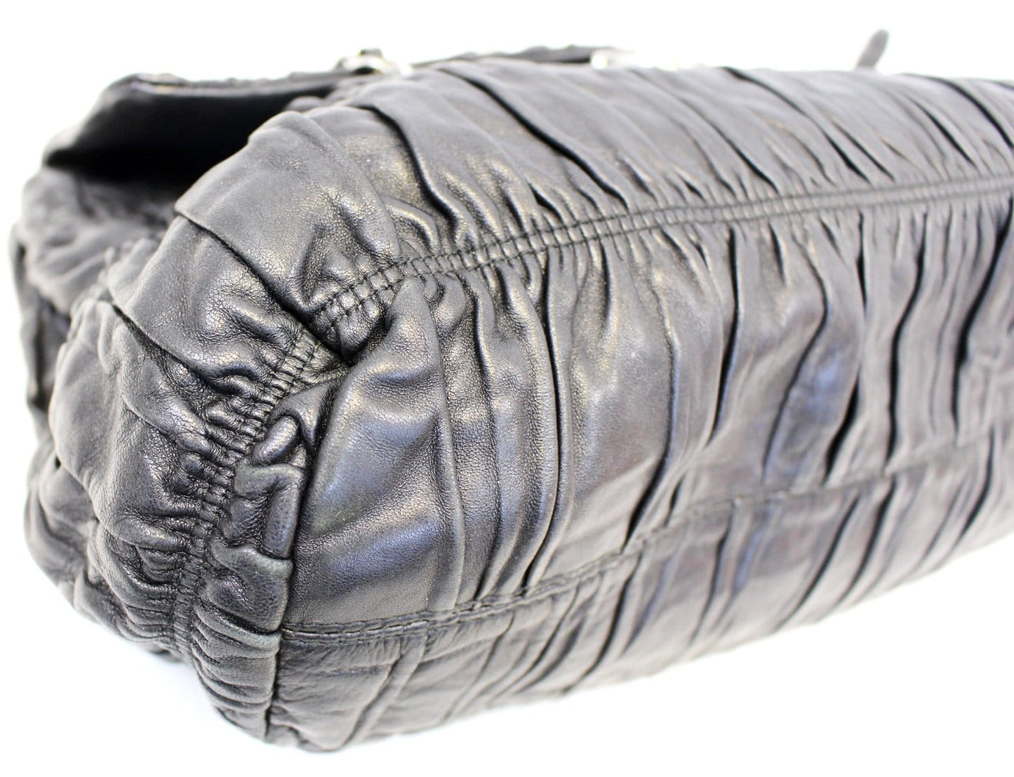 PRADA Black Nappa Leather Gaufre Ruched Flap Shoulder Bag