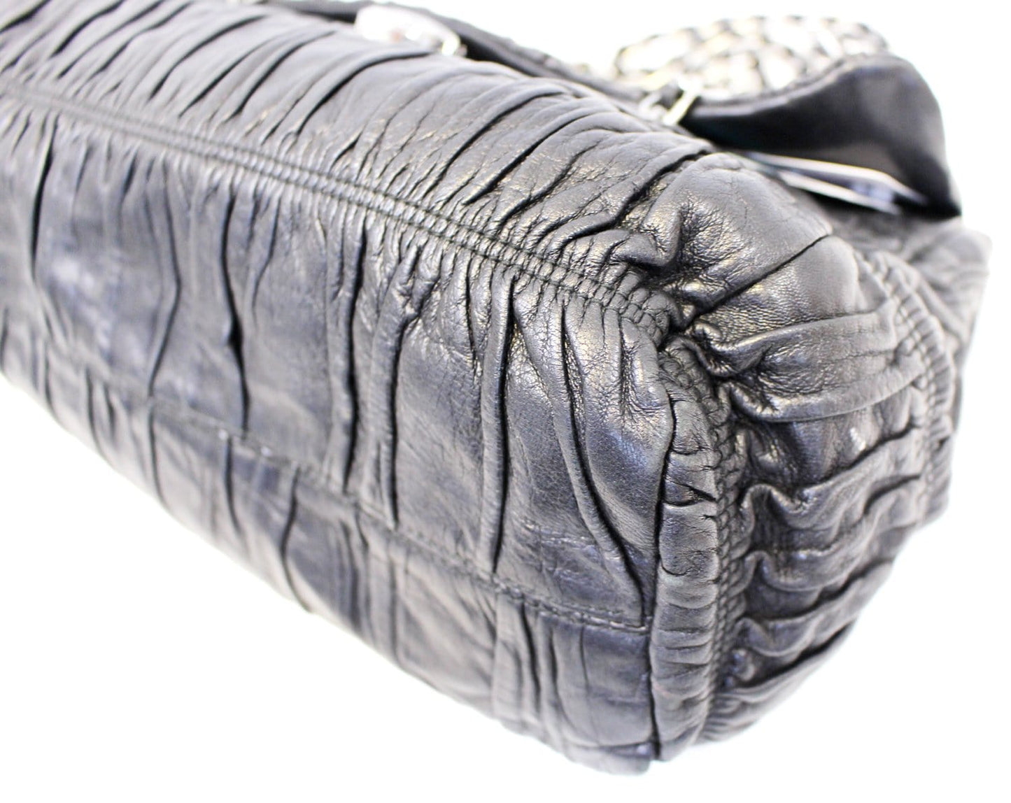PRADA Black Nappa Leather Gaufre Ruched Flap Shoulder Bag