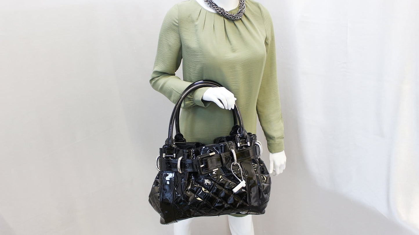 BURBERRY Black Quilted Patent Leather Beaton Tote Bag