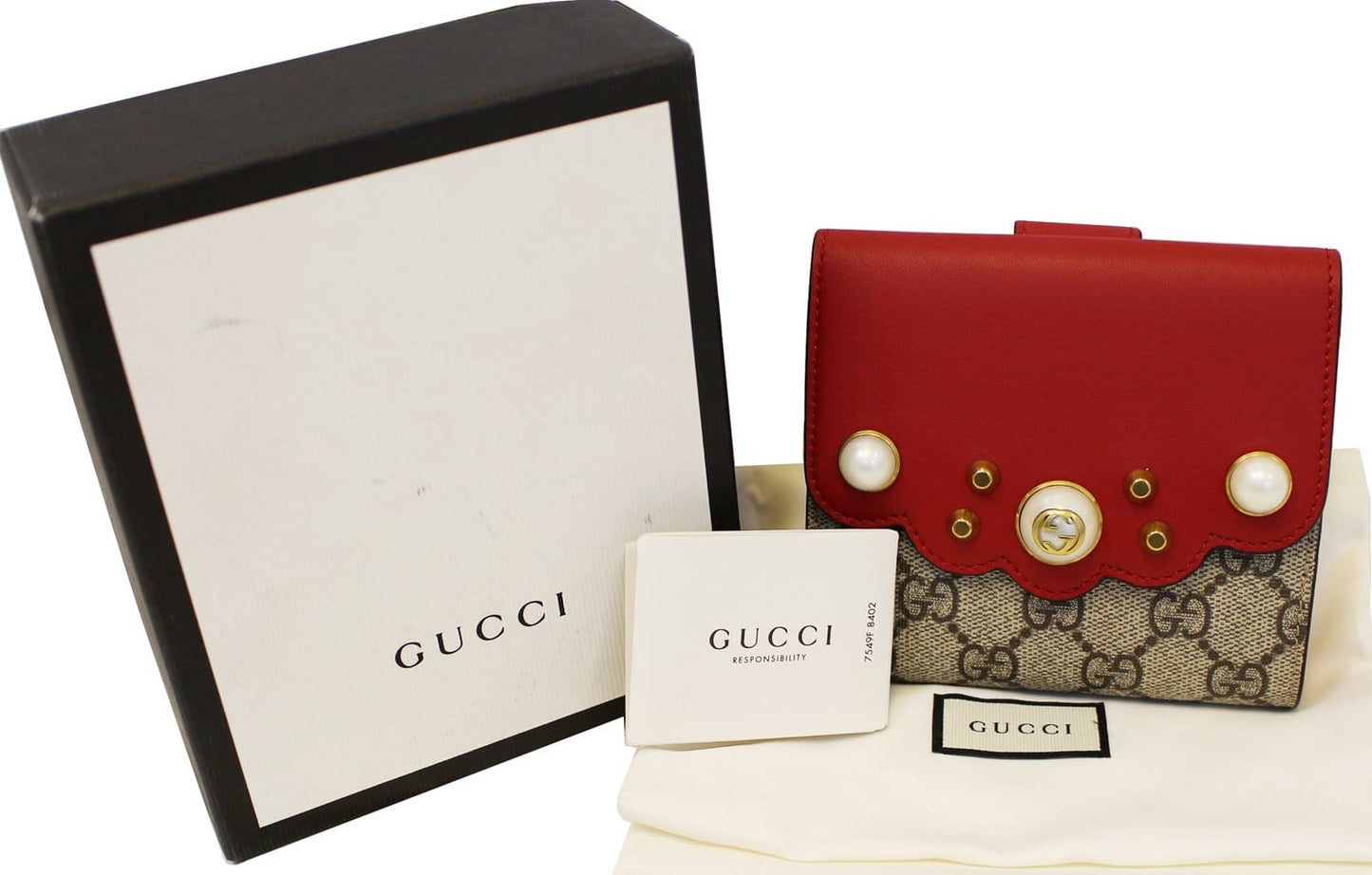 GUCCI GG Supreme French Flap Wallet Pearl Studded 431480