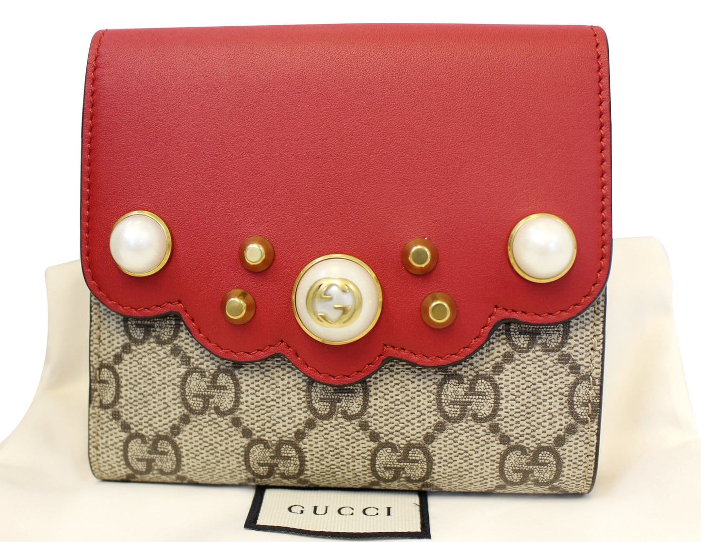 GUCCI GG Supreme French Flap Wallet Pearl Studded 431480
