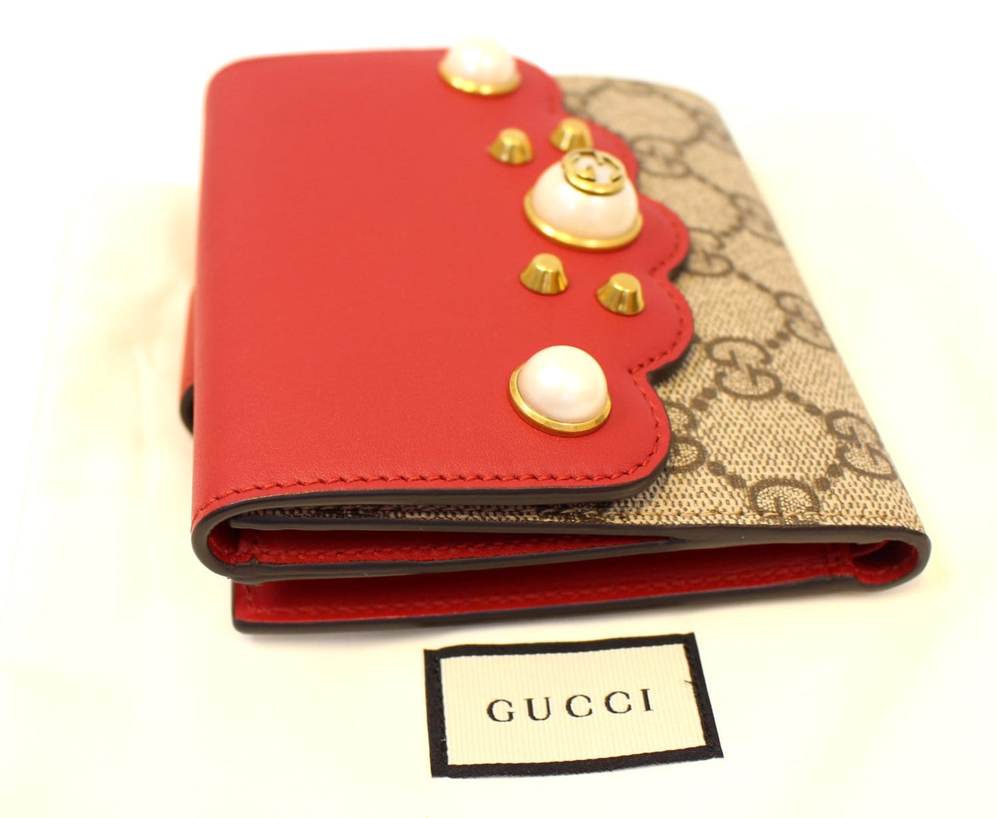 GUCCI GG Supreme French Flap Wallet Pearl Studded 431480