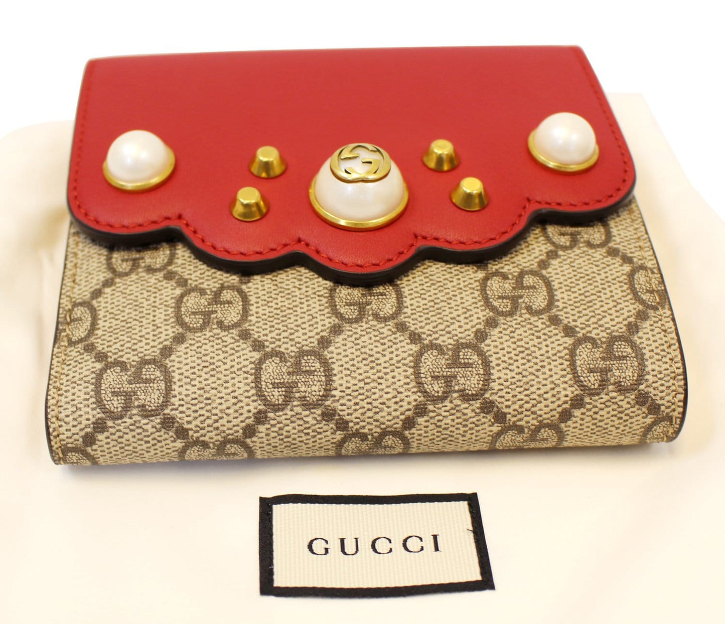 GUCCI GG Supreme French Flap Wallet Pearl Studded 431480
