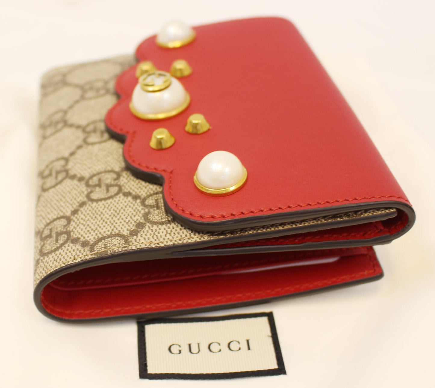 GUCCI GG Supreme French Flap Wallet Pearl Studded 431480