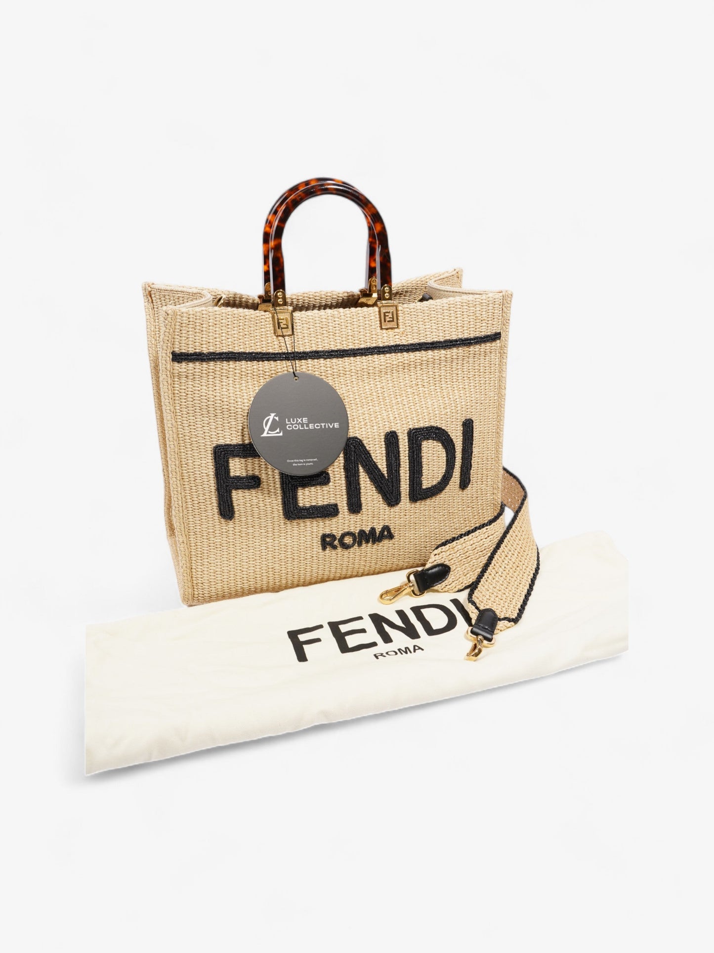 Fendi Sunshine Tote Bag Natural / Black / Brown Wicker