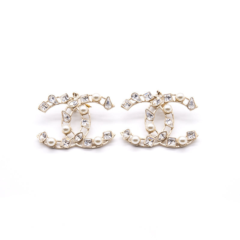 Chanel Crystal Pearl Hoop Earrings CC Gold 2019