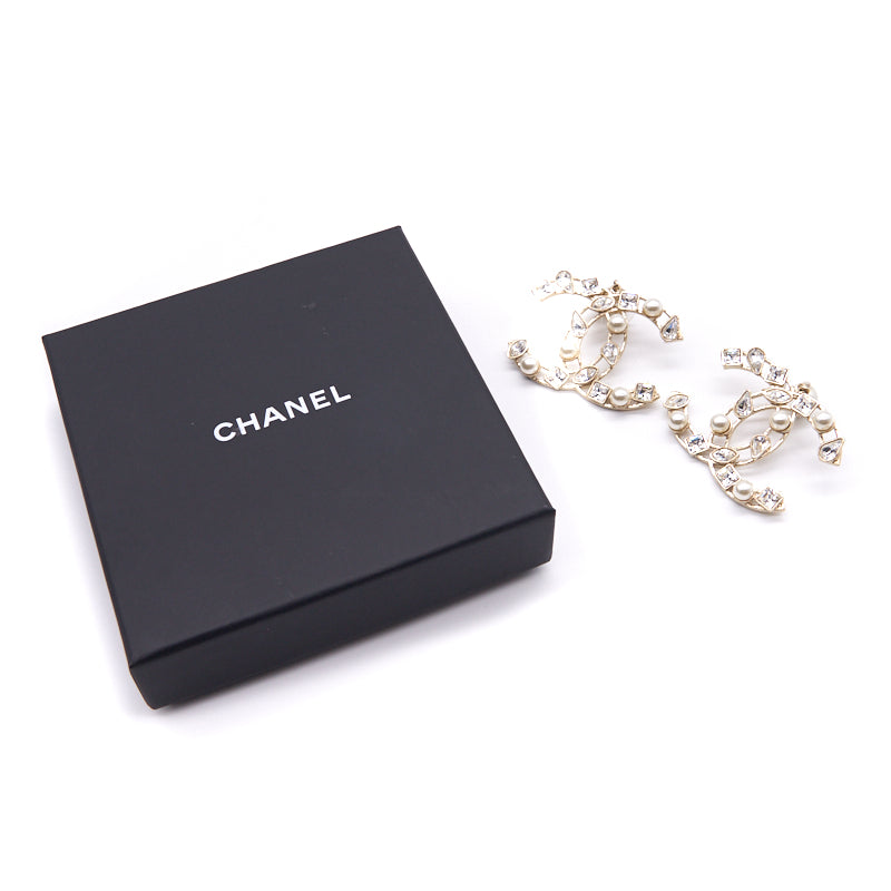 Chanel Crystal Pearl Hoop Earrings CC Gold 2019