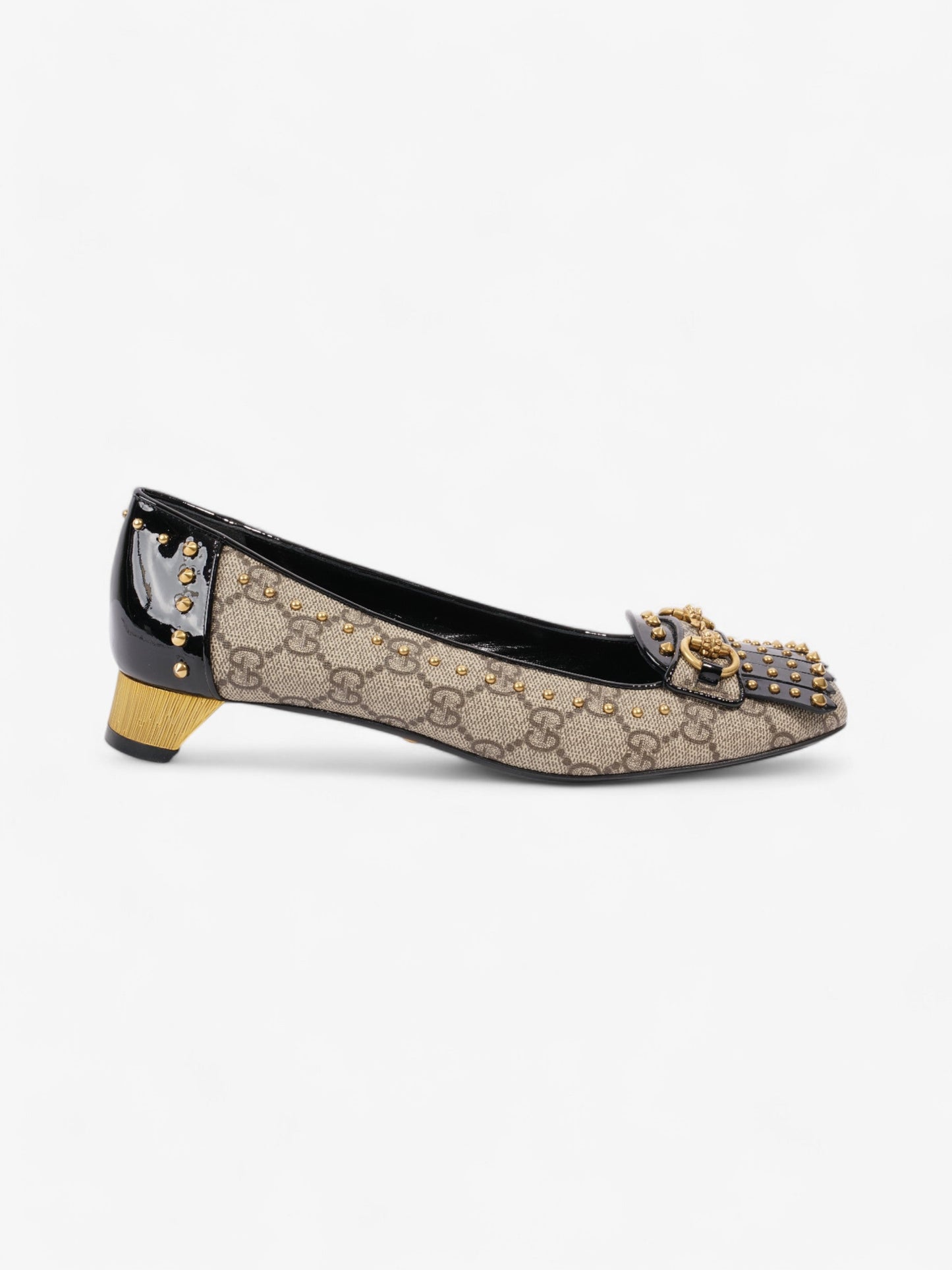 Gucci Horsebit Platform Pump 25 Beige / Black / Gold Coated Canvas EU 37.5 UK 4.5