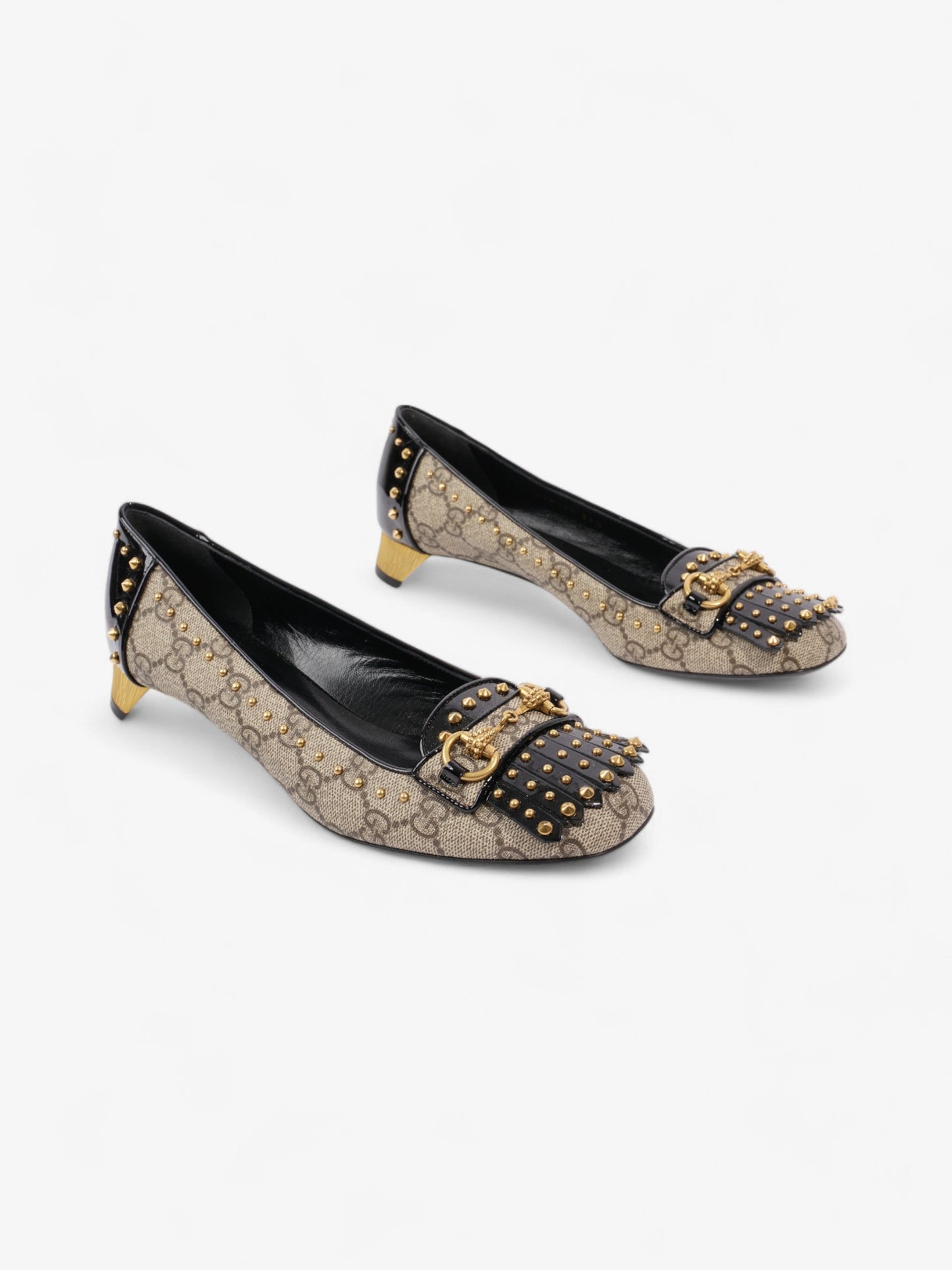 Gucci Horsebit Platform Pump 25 Beige / Black / Gold Coated Canvas EU 37.5 UK 4.5