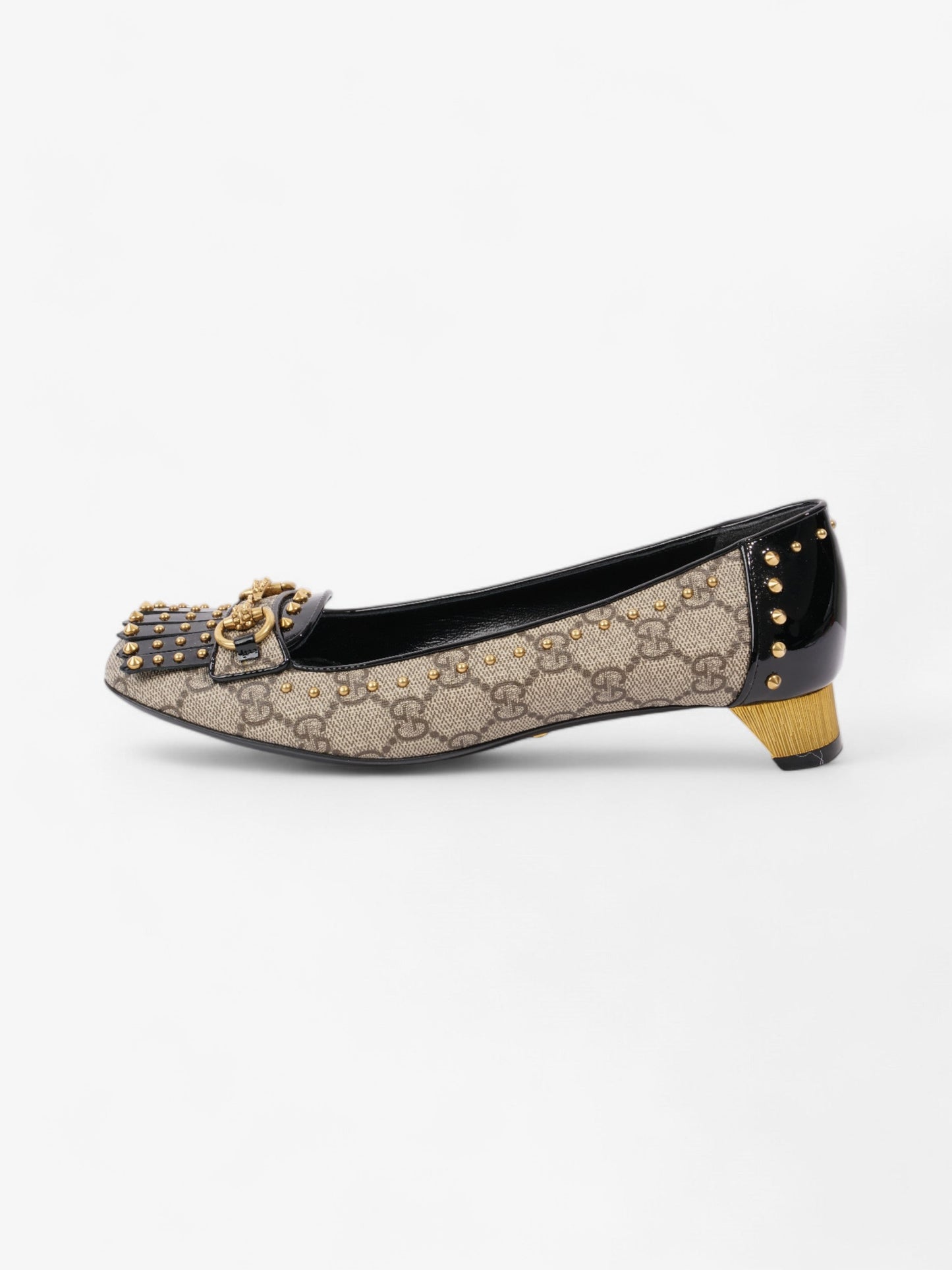 Gucci Horsebit Platform Pump 25 Beige / Black / Gold Coated Canvas EU 37.5 UK 4.5