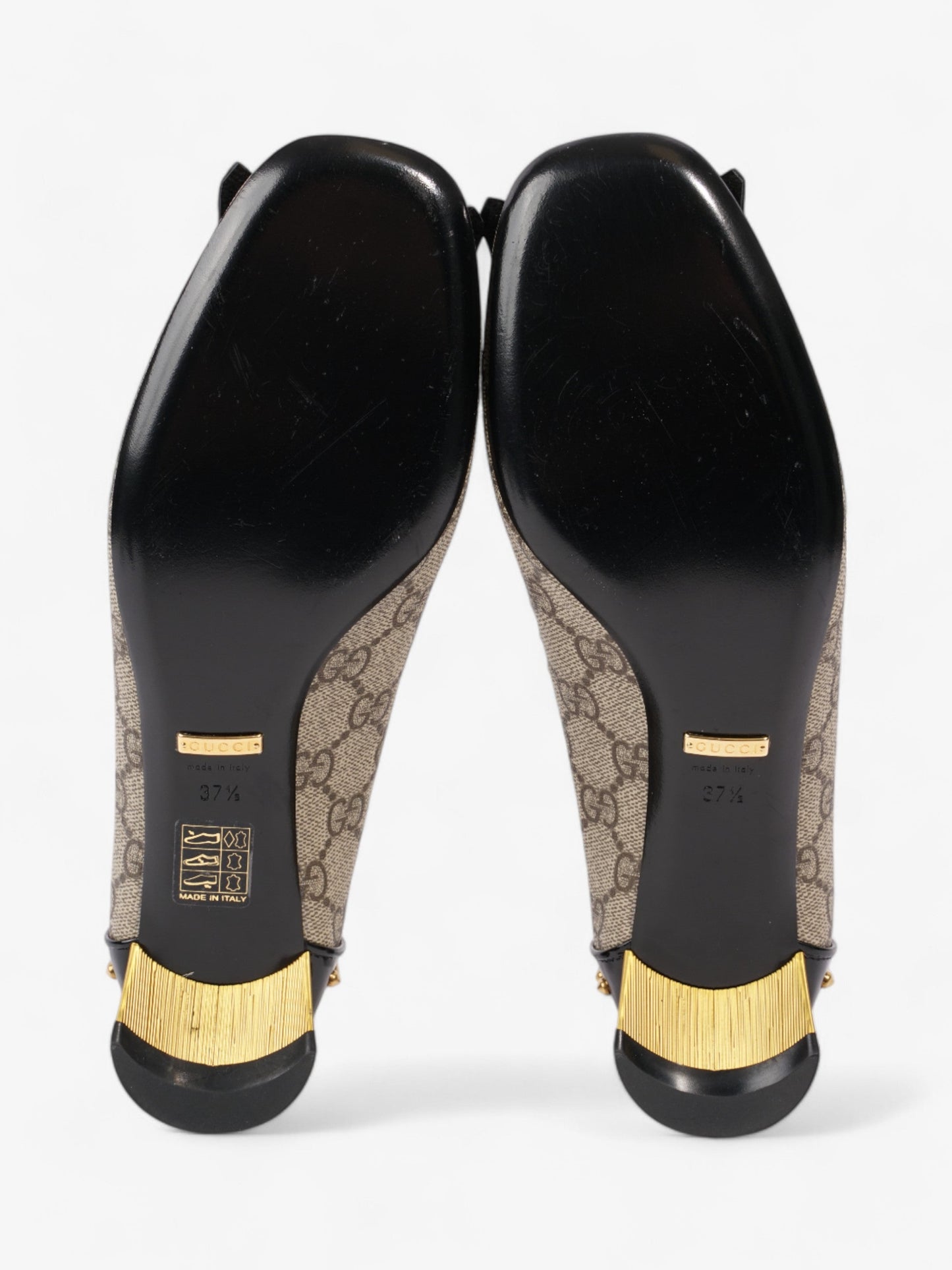 Gucci Horsebit Platform Pump 25 Beige / Black / Gold Coated Canvas EU 37.5 UK 4.5